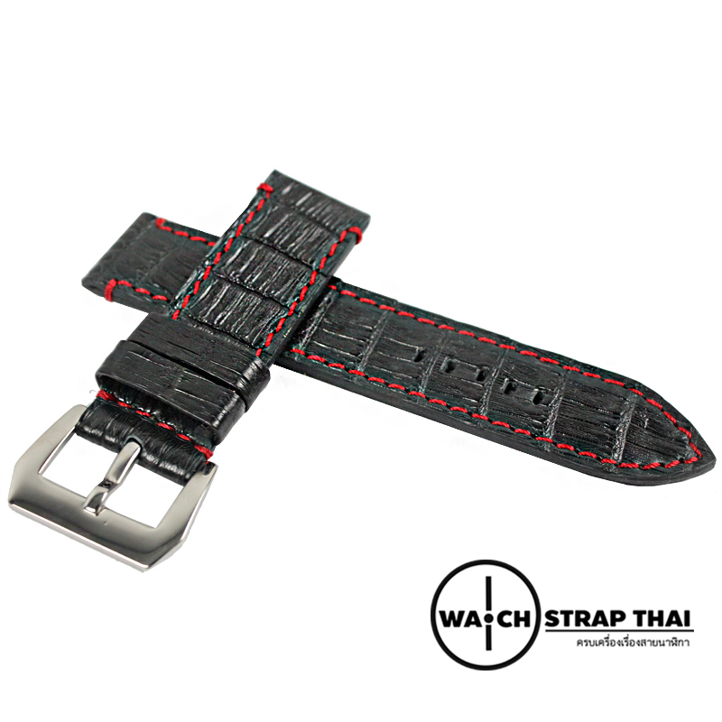 สายนาฬิกาหนังจระเข้แท้สำหรับ Panerai (Pam) Genuine Crocodile Leather Watch Strap Black ด้ายแดง ขนาด 24mm