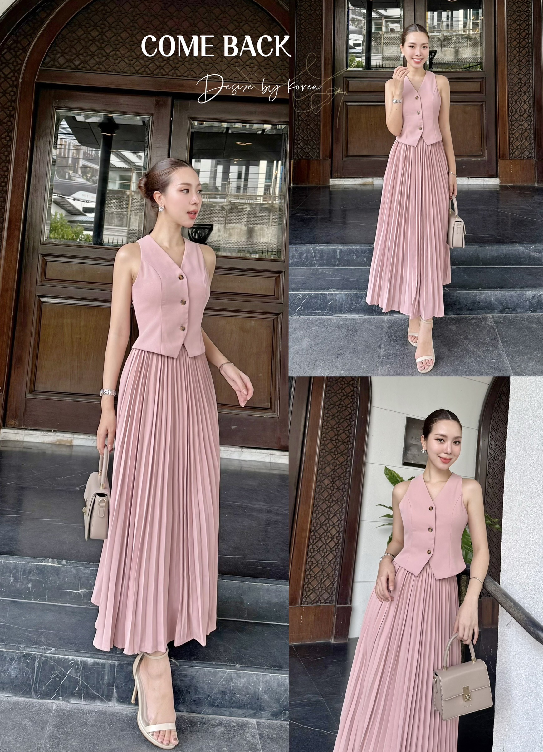 set เสื้อกล้ามแต่งกระดุมหน้า+ กระโปรงยาวทรงพลีส ทรงสวยหวาน ทันสมัย ใส่แล้วดูเป็น สาวน่ารัก โทนสีมินิมอล จะใส่ทำงานหรือใส่ไปคาเฟ่ ก็ดูดีที่สุด