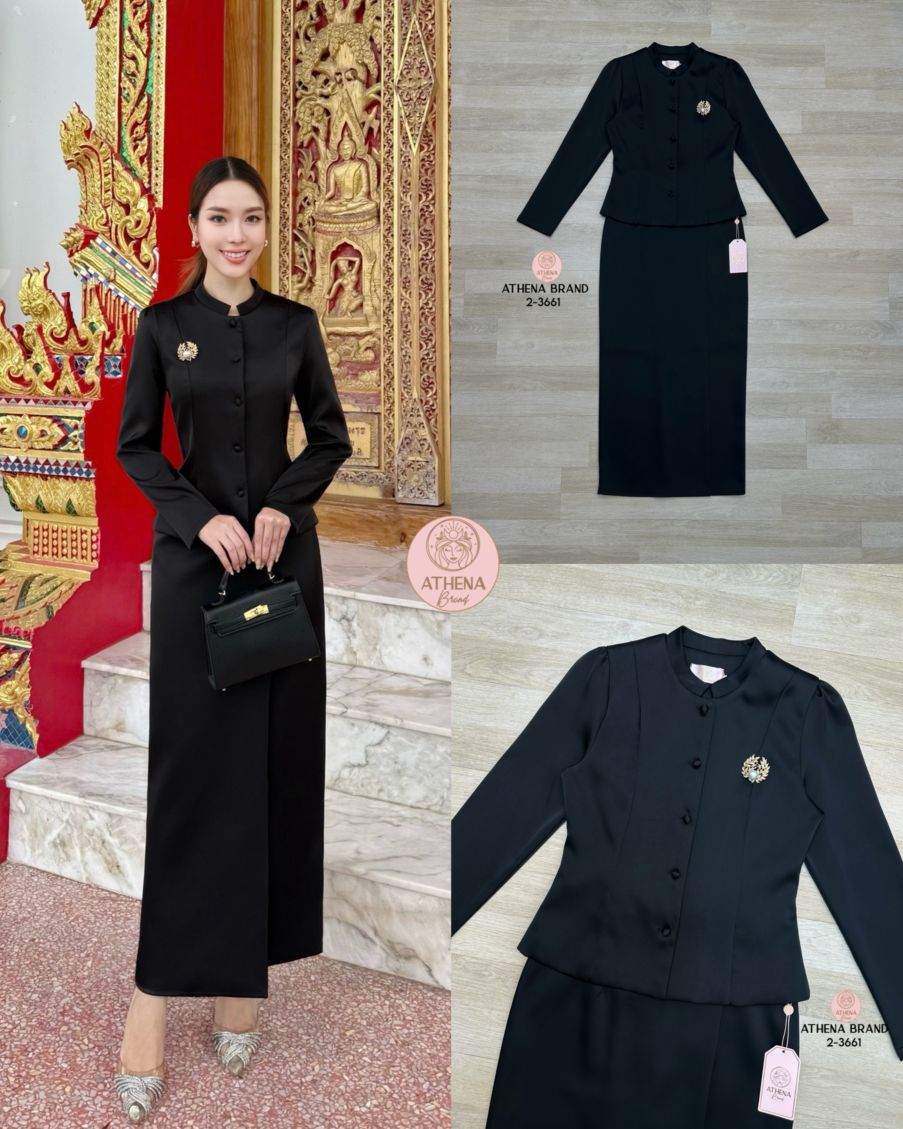 Tag 🔖 :Athena (อธีน่า) Brand Detail :: เสื้อ+กระโปรง+เข็มกลัด Set 3 ชิ้นสุดคุ้ม! เสื้อแขนยาวดีไซน์ ด้านหน้าแต่งกระดุมเรียงสามารถแกะใช้งานได้จริง ตกแต่งเข็มกลัด(สามารถถอดออกได้) แมตช์มาคู่กับกระโปรงป้ายทบคล้ายงานผ้าถุงสำเร็จ ชายกระโปรงด้านหลังผ่า เ
