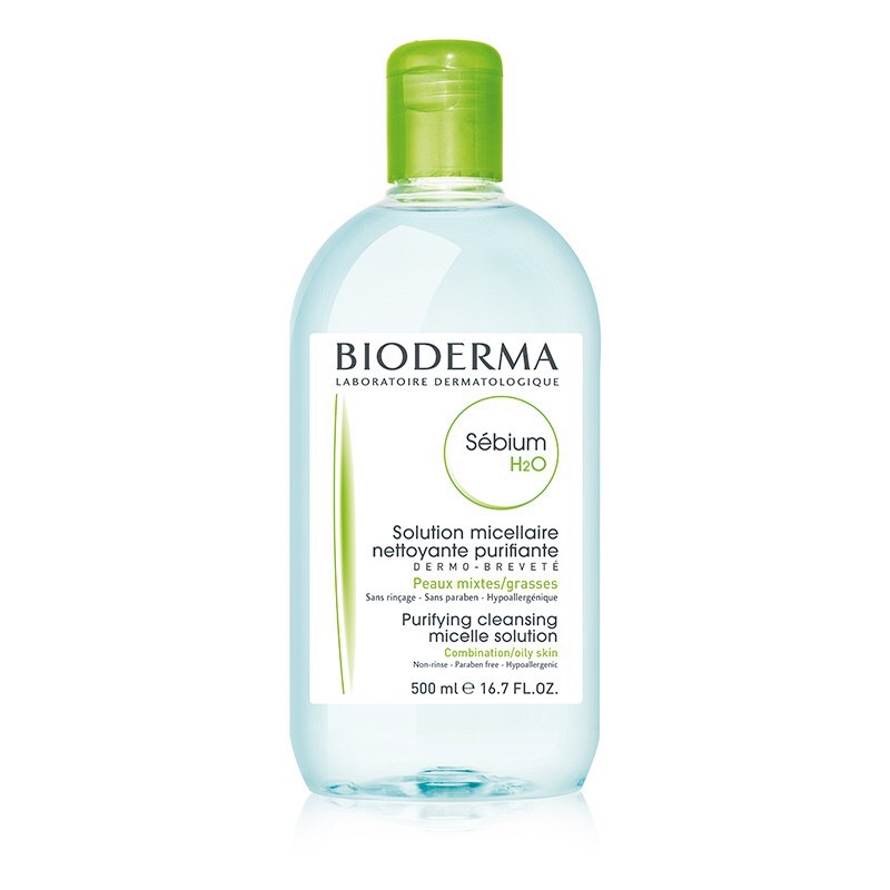 Bioderma Sebium H2O Cleaning Lotion 500 ml. ขวดสีเขียว สำหรับผู้มีผิวผิวผสม-มัน และเป็นสิวง่าย