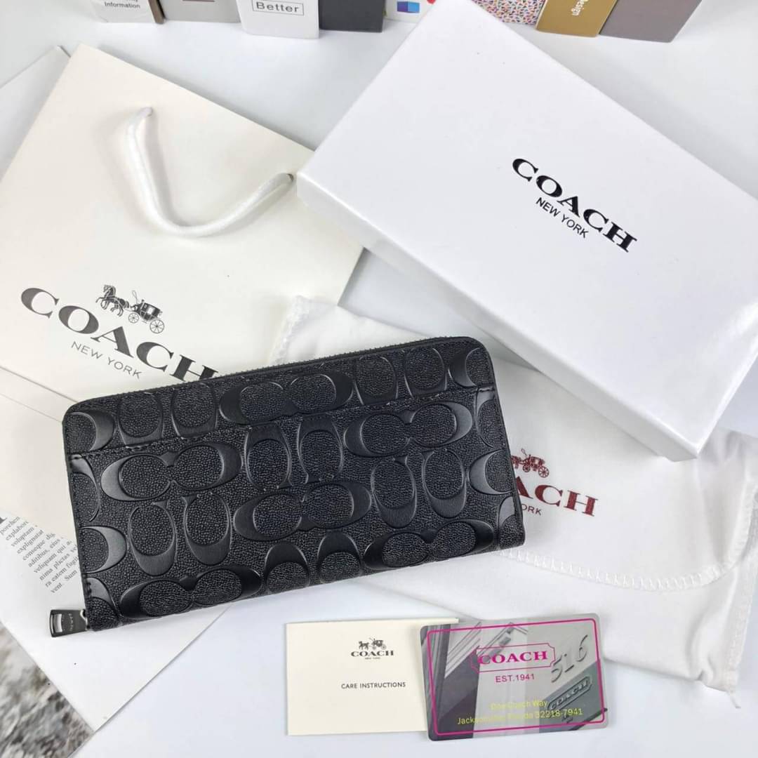 กระเป๋าสตางค์ใบยาวซิปรอบแบรนด์เนมโค้ชเรียบหรูดูแพงสีดำลายC นูน COACH Long Wallet