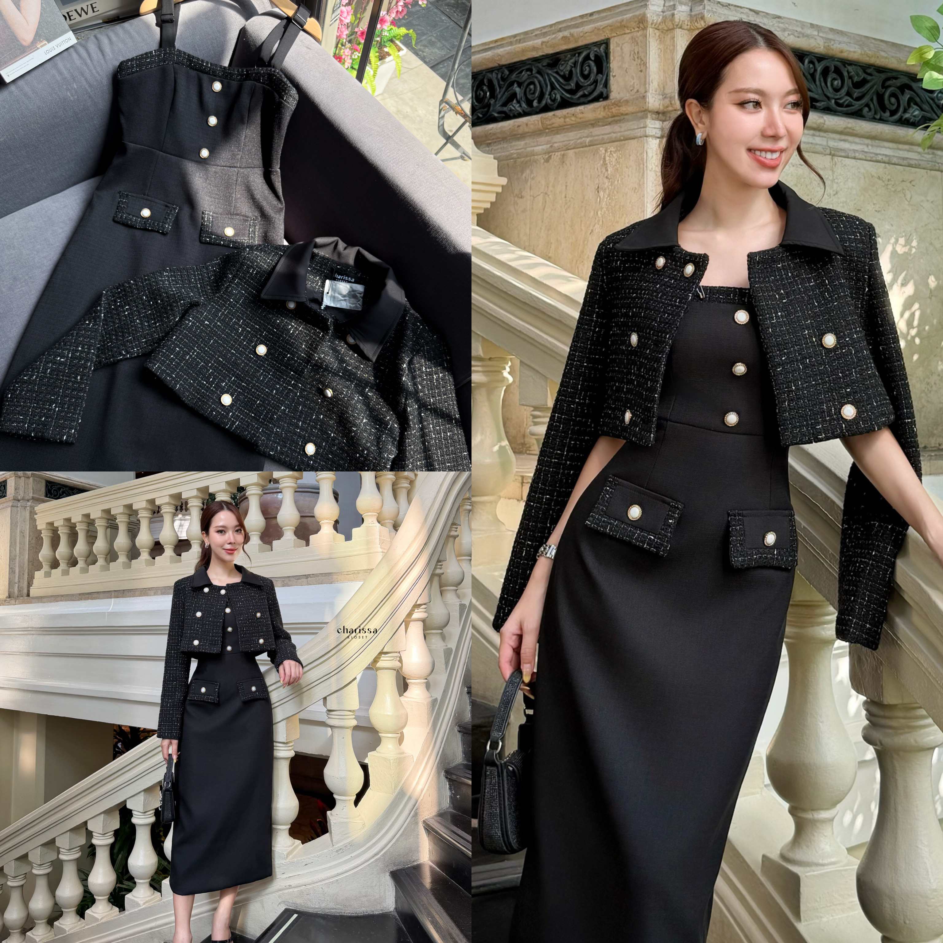 เซ็ทเดรส+เสื้อครอปสั้น งานหรูมาก รุ่นนี้ผ้าพรีเมี่ยมทวิตที่ทางร้านสั่งตัดพิเศษ ตัวเดรสมีซับในทั้งชุดเดรสใช้ผ้าทวิตญี่ปุ่น ด้านหน้าแต่งกระดุม 3 เม็ดเพิ่มความน่ารัก แต่งกระเป๋าหลอกซ้าย ขวา ซิปหลัง เดรสด้านหลังผ่าหลังขึ้นมาเล็กน้อยทำให้เดินได้สะดวก เดรสสามาร