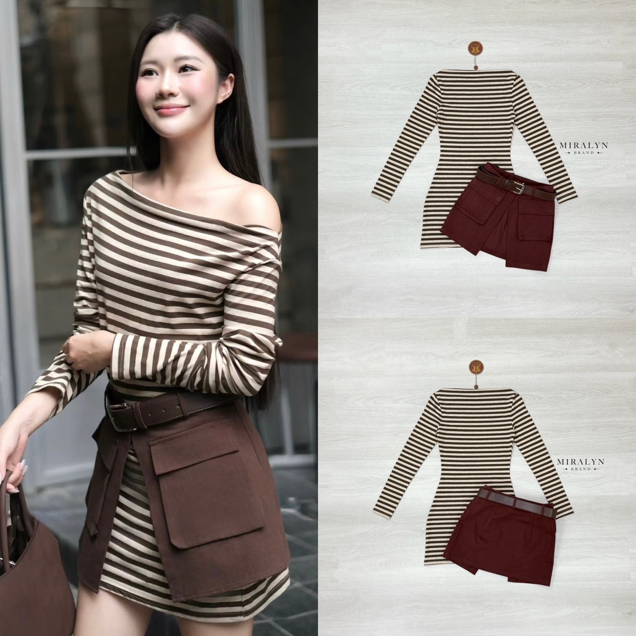 เซต 3 ชิ้น เสื้อยืดแขนยาวคอปาดลายสีน้ำตาลทรงยาว ใมาพร้อมกระโปรงผ้ายีนส์สีน้ำตาลแต่งดีเทลด้วยกระเป๋าข้าง พร้อมเข็มขัดสีน้ำตาลงานเก๋มาก การันตีงานคุณภาพ คัตติ้งประณีตใส่ใจทุกรายละเอียดของงาน