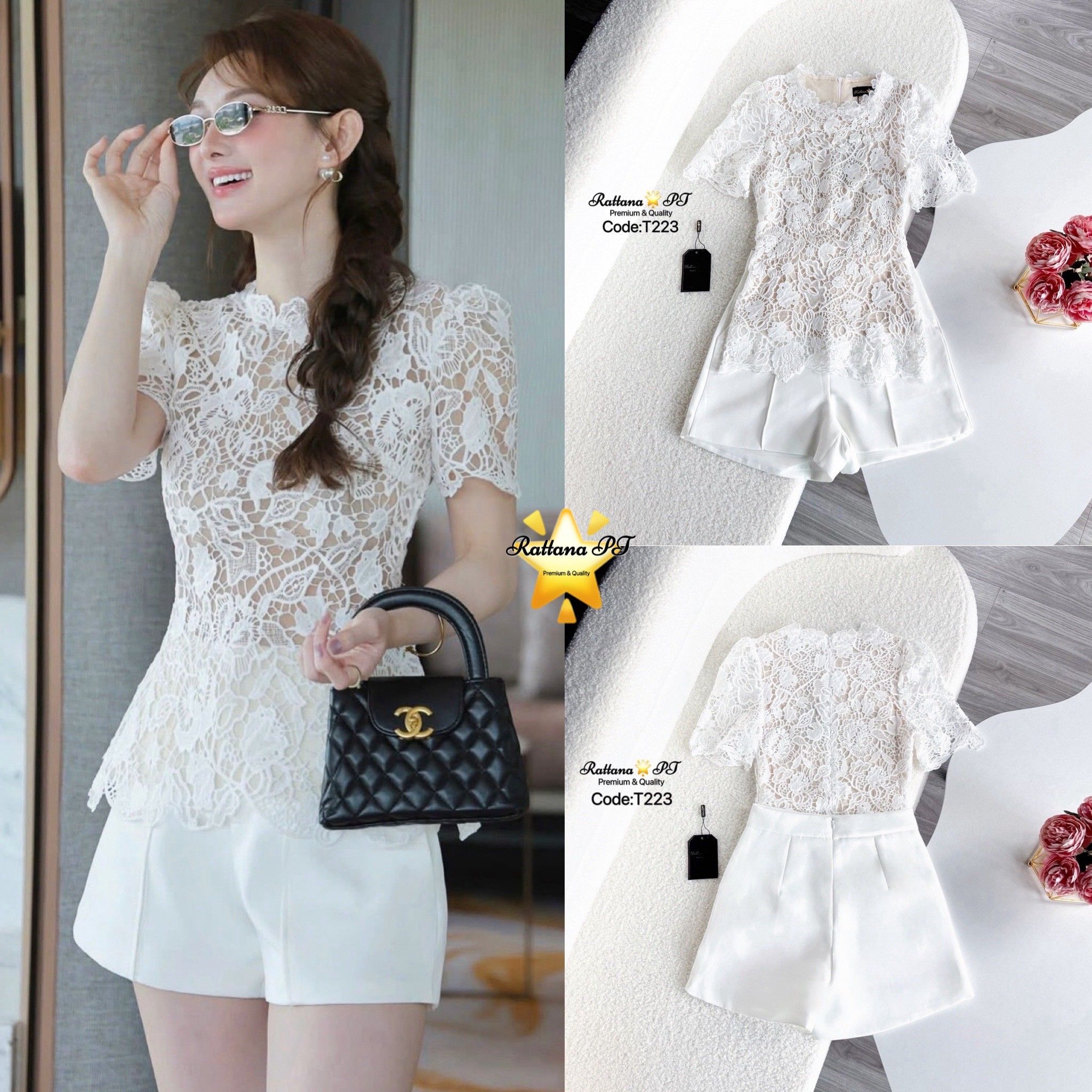 เซต2 ชิ้น เสื้อลูกไม้+กางเกงขาสั้น + งานสวยมาก สวยหรูดูแพง ซับในอย่างดี เสื้อมีซิบด้านหลัง ใส่เป็นเซต กางเกงขาสั้นมีซิบด้านหลัง ใส่ทำงาน ใส่ออกงาน ปาตี้ รับรองสวย ปัง ปัง ปัง ช้าไม่ได้แล้วคร้า