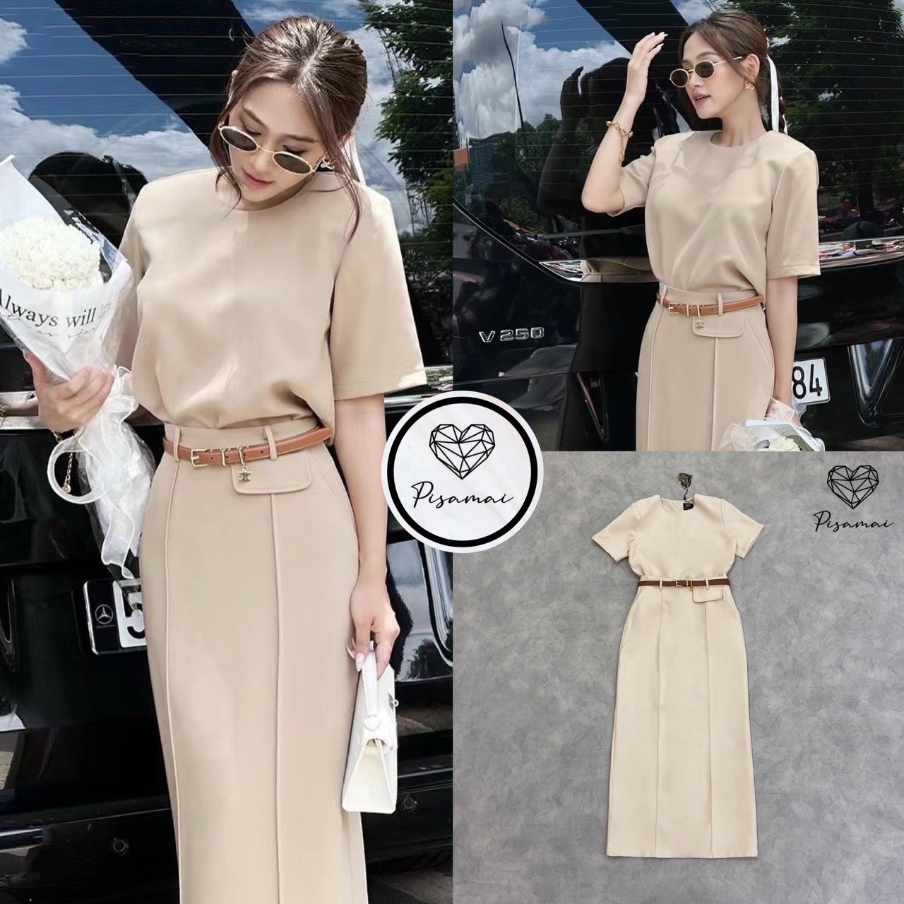 เซ็ตเสื้อยืดคอกลมมาคู่กับกระโปรงเอวสูง งตังยาวสีครีม พร้อมเข็มขัดเข้าเซ็ต ใส่vacayถ่ายรูปกับแก๊งค์เพื่อนๆไม่มีผิดหวังเลยค่า ห้ามพลาดเลยน้าตัวนี้