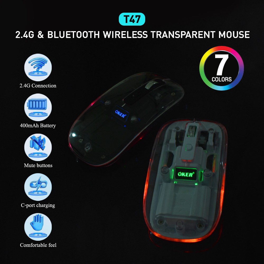 OKER T47 WIRELESS MOUSE BLUETOOTH TRANSPARENT SKU-02961