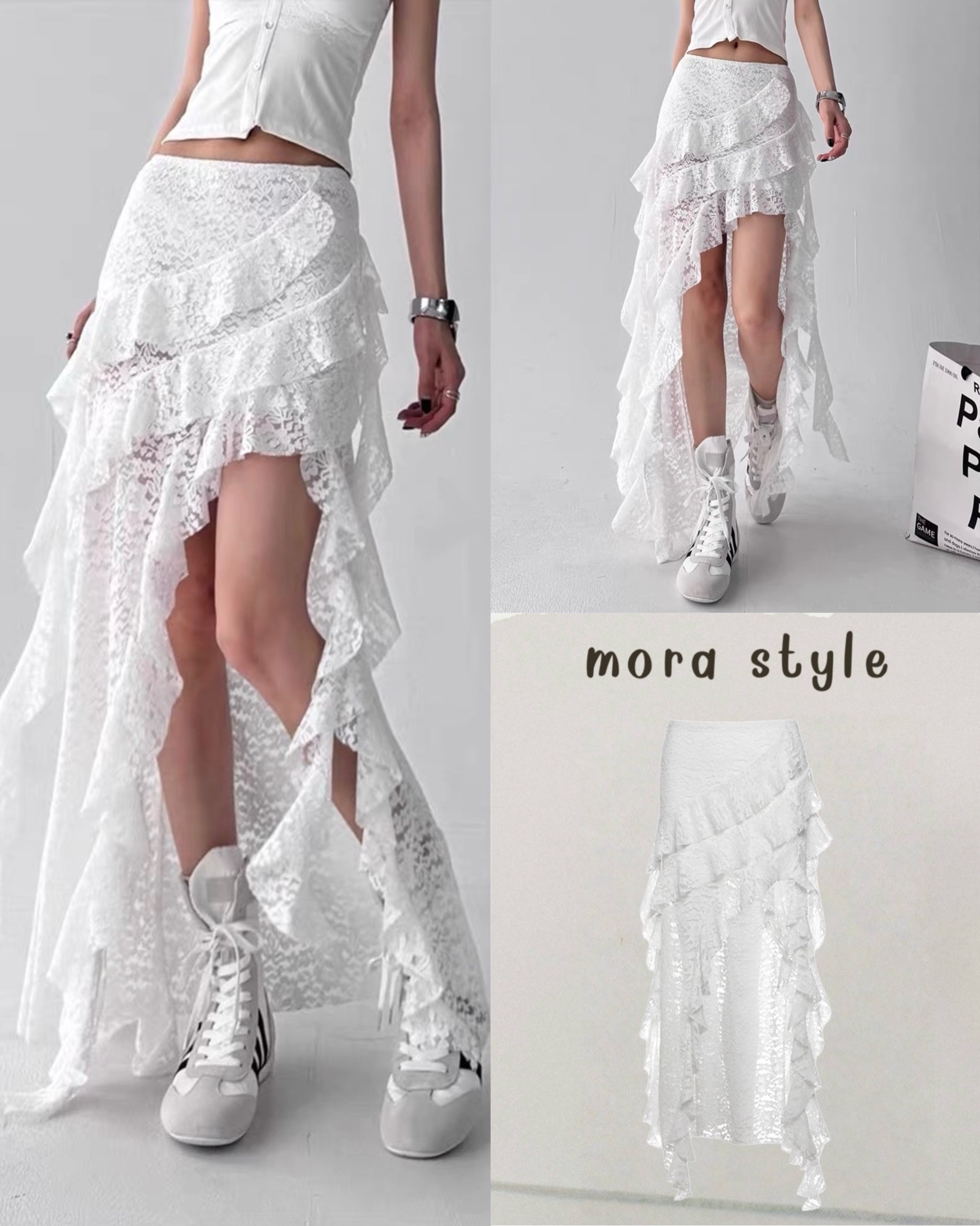 กระโปรงยาวลูกไม้ แต่งระบายชั้น ผ้าใส่สบาย ดีไซน์สวยเก๋ ใส่แมทได้หลายแบบ เป็นอีกรุ่นที่ต้องมีติดตู้นะค้าา