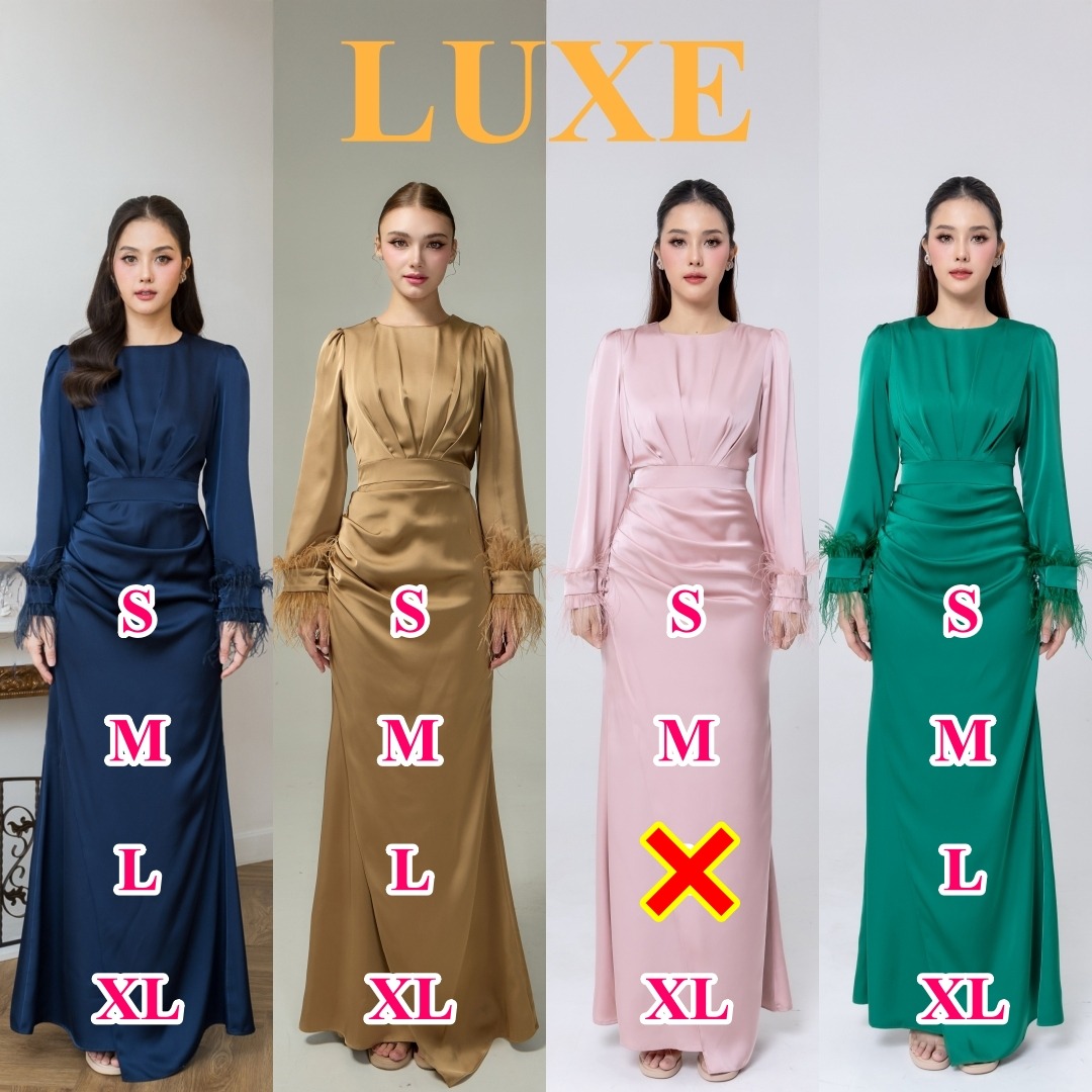 Label : LUXE เดรสเสื้อคอกลมแขนยาว กระโปรงยาวจับเดรปข้างลำตัว ดีเทลแต่งจีบเดฟด้านข้าง ช่วยอำพรางหุ่น ตัวชุดทำจากผ้าพรีเมี่ยมเครปซาติน แต่งปลายแขนด้วยขนนก มีซิปซ่อนและซับในเต็มตัว