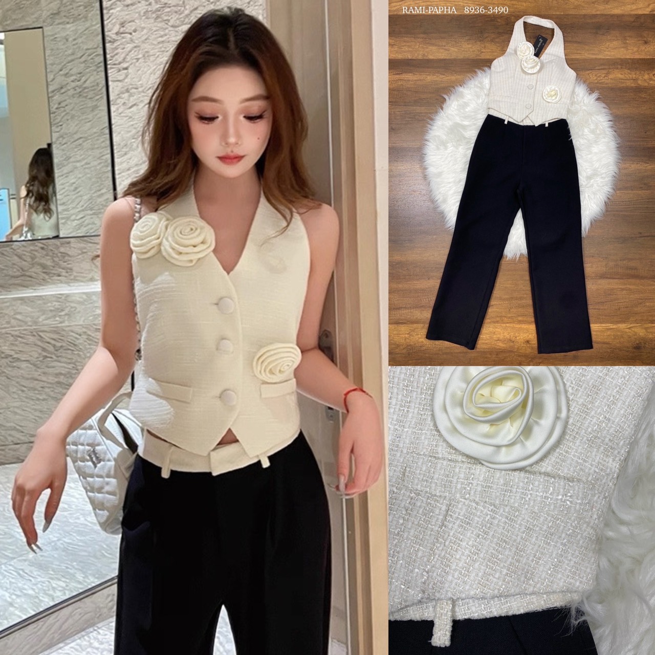 Label :: RAMI-PAPHA(รมิปภา) ชุดเซตสุดคุ้ม!! สไตล์ลูกคุณ เสื้อคล้องคอกระดุมหน้า เนื้อผ้าทวีตเนื้อนุ่ม สีขาวครีม โทนสีสวยหรู ดีไซน์โดดเด่น อกมีฟองน้ำ กระดุมหน้าใช้งานได้จริงกระเป๋าหน้าแต่ง ซับในอย่างดีทั้งตัว **เนื้อผ้าเกรดพรีเมี่ยม ไม่คันเลยคะ ++กางเกงขายา