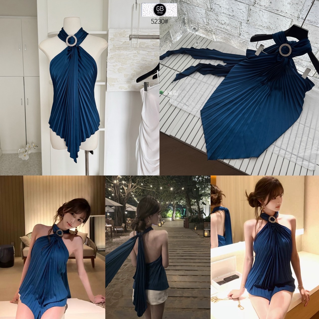 ||| GB SHOP ||| 5230# เสื้ออัดพลีท คล้องคอ แต่งเพชรด้านหน้า เนื้อผ้าดี งานสวย