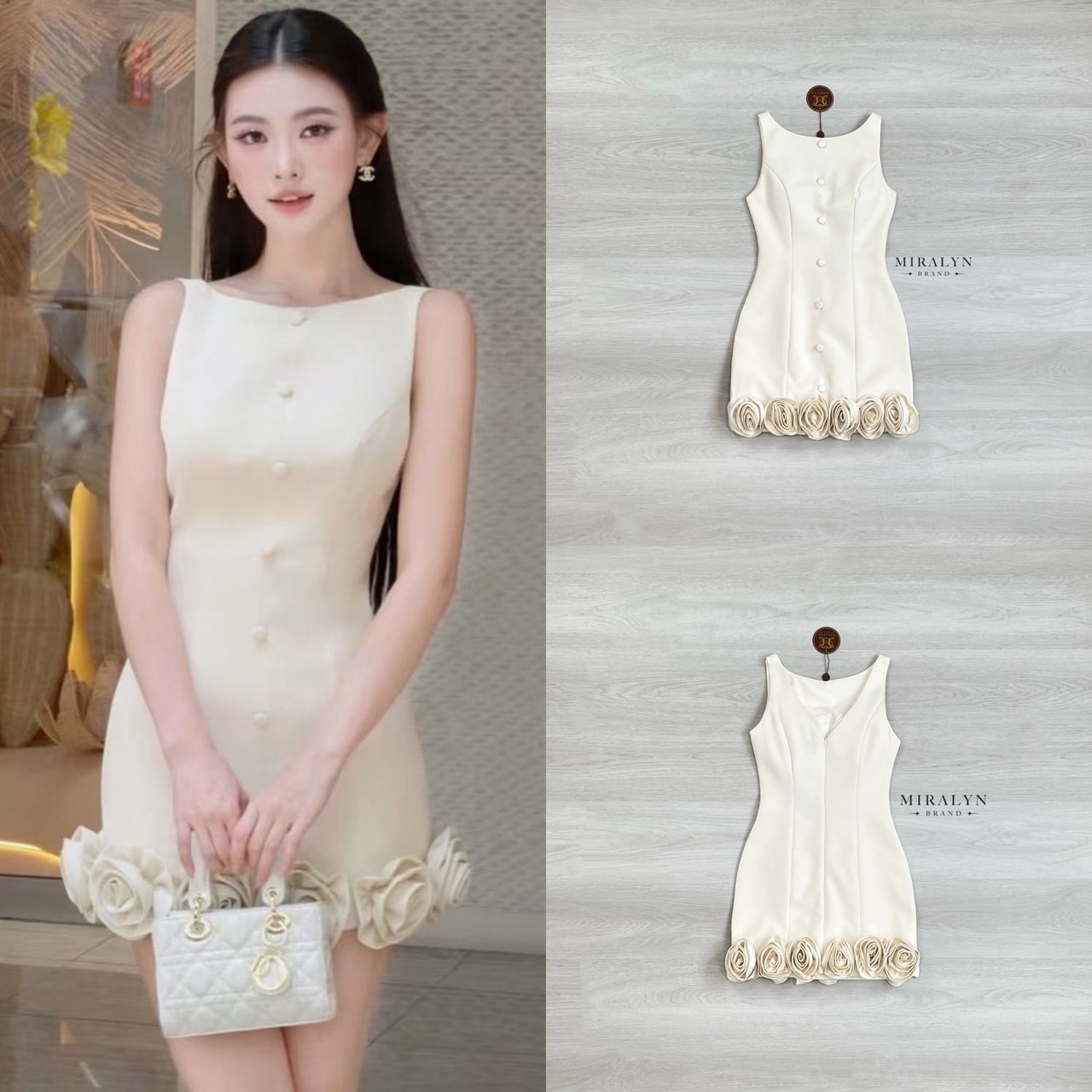 เดรสสีครีมแขนกุดทรงเข้ารูปแต่งดีเทลสุดเก๋ด้วยดอกไม้รอบชุดที่ชายกระโปรงทำให้ชุดดูเก๋น่ารักและแต่งกระดุมแต่งที่ชุดงานเสริมฟองน้ำที่อกมีซับในและซิปด้านหลัง #Miralynstudio#Miralynbrand#miralynชุดออกงาน#เดรสออกงาน#ชุดดินเนอร์