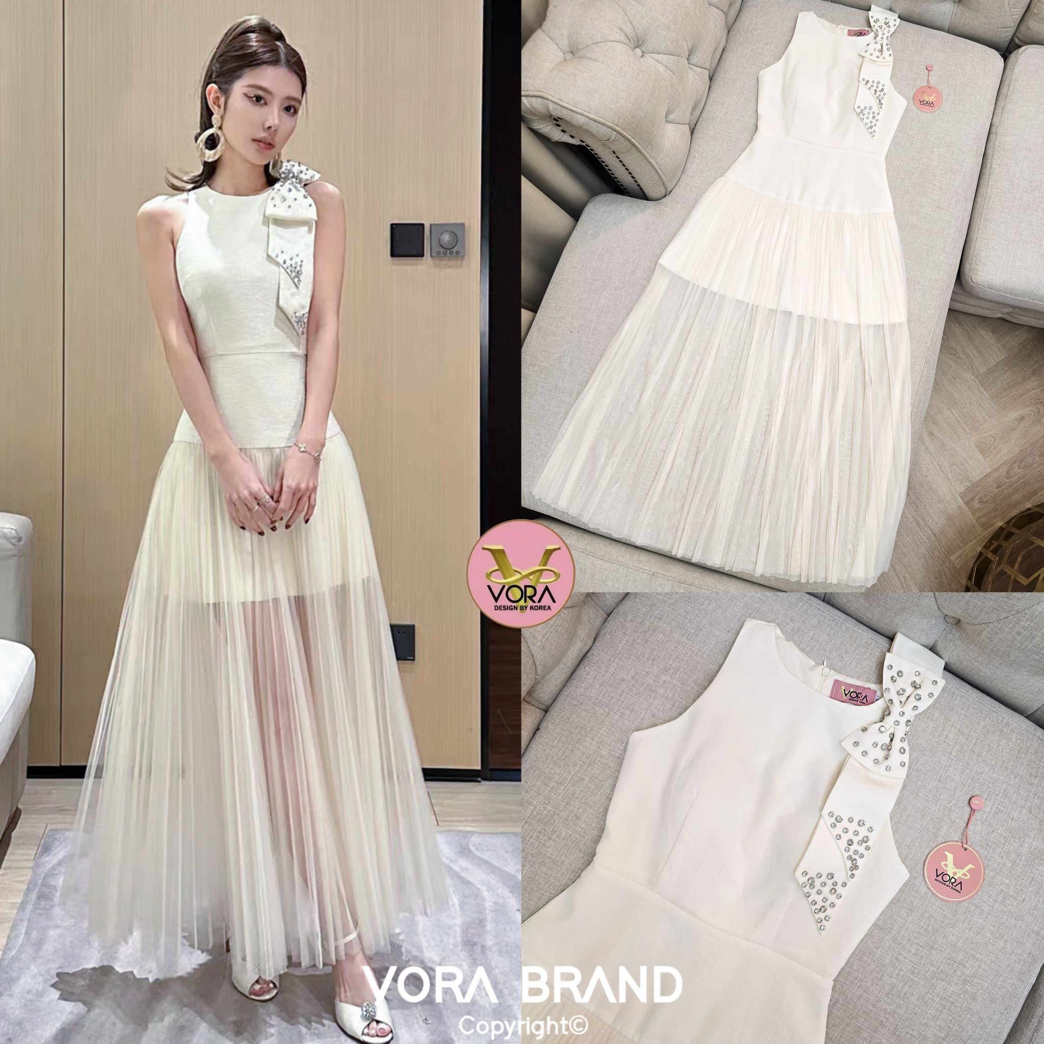 Dress ยาวแขนกุด สายเดี่ยว อกมีฟองน้ำจัดทรงให้ค่ะ ช่วงไหล่แต่งโบว์ใหญ่ แต่งปักเพชร ช่วงเอวเข้ารูป ช่วงกระโปรงตัดแต่งผ้าชีฟองอัดพลีทบานรอบชุด เนื้อผ้ามี texture ผ้าหนาเป็นทรงสวย มีซับในทั้งชุด