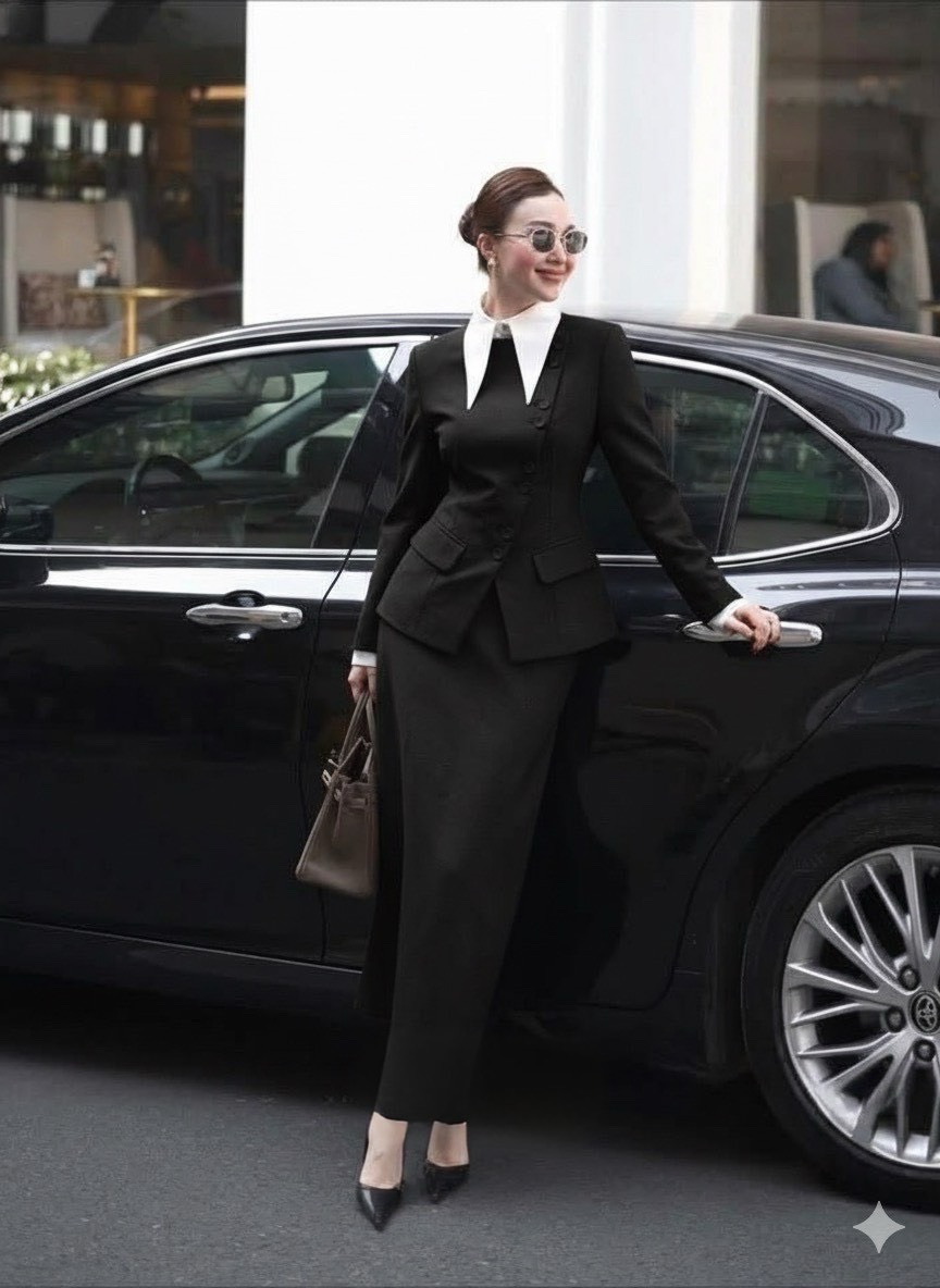 Set 3ชิ้น สุดคุ้ม เสื้อคลุมเบเซอร์แขนยาว สีดำ ดีเทลกระดุมหน้ายาว และกระเป๋าหน้าใช้งานได้จริง มาพร้อมเสื้อเซิ้ตคอปกสีขาวผ้านิ่มใส่สบาย แมทซ์กับกระโปรงยาวทรงสอบสีดำ ดีเทลแต่งผ่าหลังยาว (ซิปหลัง) ใส่คู่กัน สวย เนื้อผ้าดีสุดๆ ลุคCEO ติดแกรม