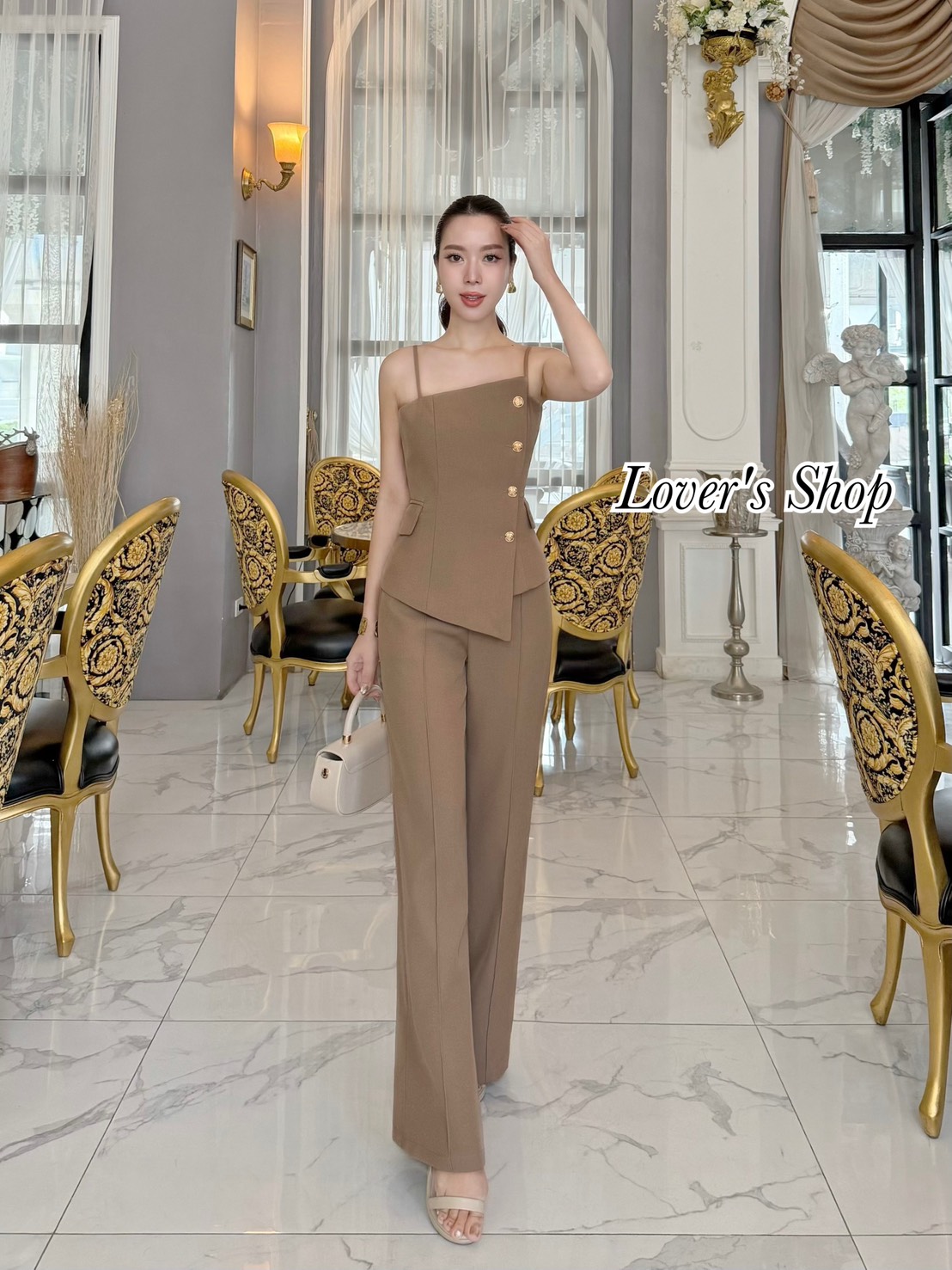 Teg : Lover’s Shop Detail : Set ยีนส์ 2ชิ้น สีน้ำตาล เสื้อ+กางเกง #LoveShop #เซ็ทกางเกงผ้าพื้น