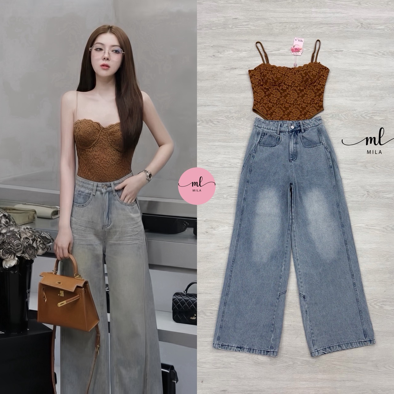 SET สวยหรูดูแพง แมทช์ง่าย เซ็ตบอดี้สูทลูกไม้โทนสีน้ำตาลเข้ม ขับผิวออร่าสุดๆ ตัดกับยีนส์ทรงขากว้างฟอกสวย กระดุมและซิปหน้าอย่างดี ใส่แล้วหุ่นปังสุดๆ งานจริงละเอียดมาก ลุคสายฝอจะหวานก็ได้ แซ่บก็ดี