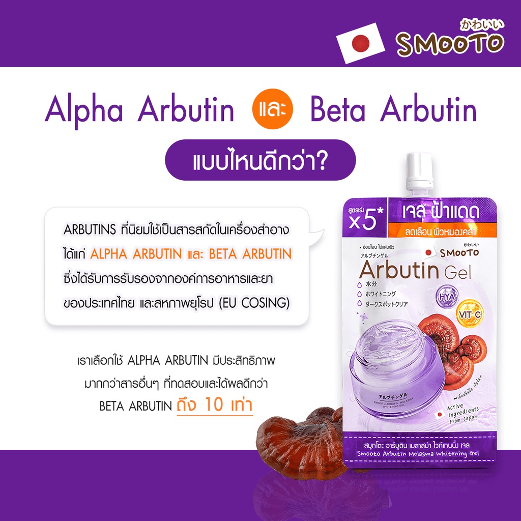 (6ซอง/กล่อง) Smooto Arbutin Gel 30กรัม สมูทโตะ อาร์บูติน เมลาสม่า ไวท์เทนนิ่ง เจล เจลทาฝ้า เจลฟ้าแดด เจลเห็ด