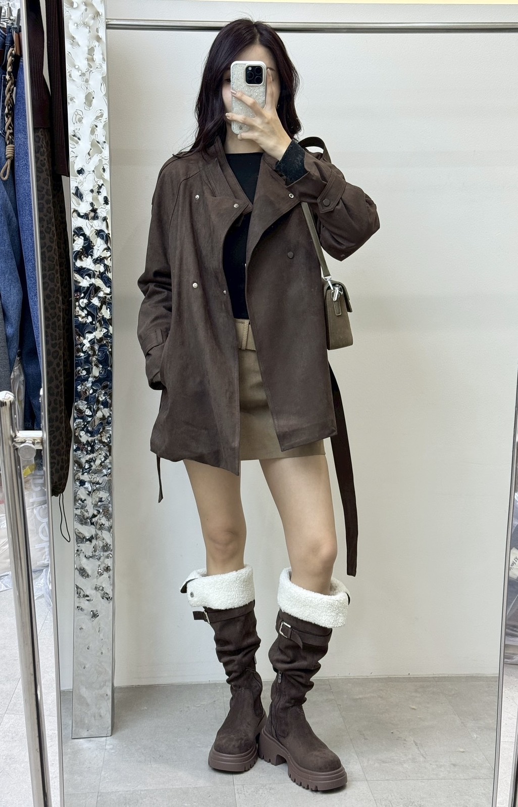 แจ็คเก็ตกันหนาวหนังกลับแขนยาว มาพร้อมเข็มขัด ✔ ดีเทลคอปีน ด้านในบุขนกันหนาว มีกรพเป๋าล้วงข้าง