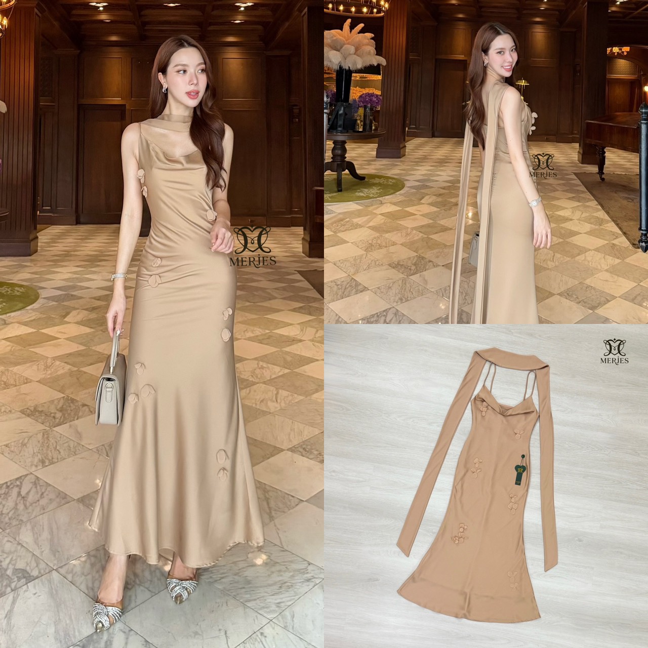 𝐌𝐄𝐑𝐉𝐄𝐒 𝐒𝐓𝐔𝐃𝐈𝐎 (เมอร์เจส) 𝐃𝐞𝐭𝐚𝐢𝐥 : เดรสยาวสีน้ำตาลทองผ้าซาตินสายเดี่ยวเข้ารูปสายสามารถปรับได้แต่งดีเทลด้วยดอกไม้