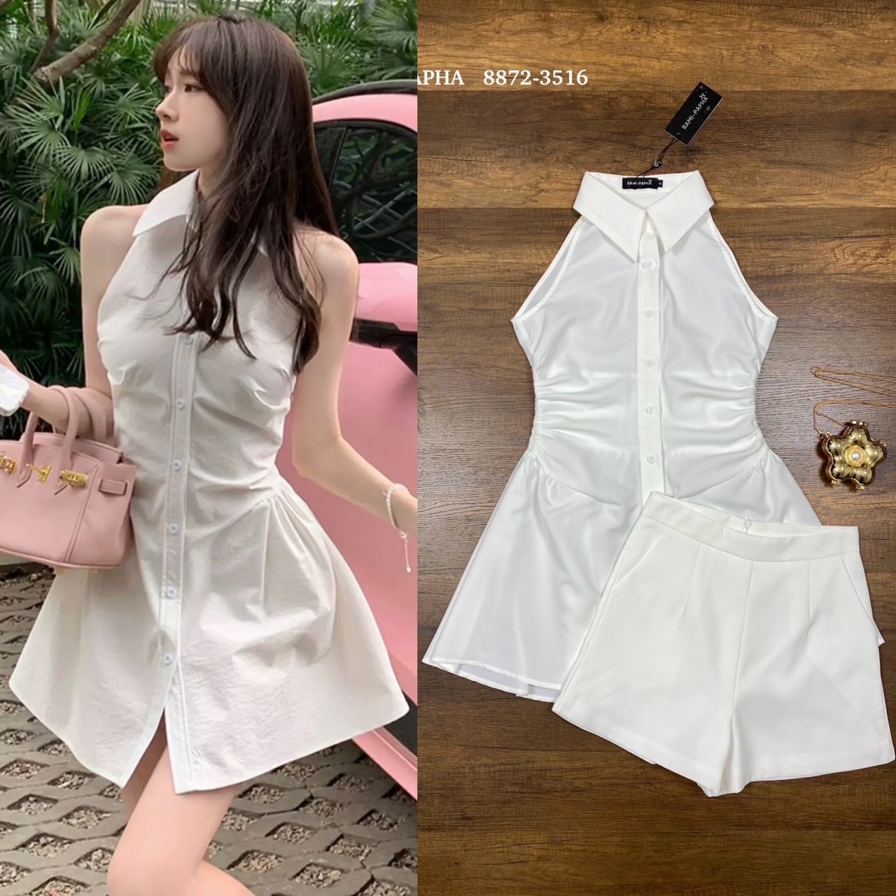 เซต3ชิ้น.. สีขาวแบบฉบับผู้ดี เสื้อคอปกกระดุมหน้า ดีเทลเก๋ทั้งตัว ดีเทลเสื้อหน้าสั้น ด้านหลังยาว เนื้อผ้านิ่มรีดง่าย สวมใส่สบาย ++กางเกงขาสั้นเนื้อผ้าและสีเดียวกัน ซับในอย่างดีทั้งตัว มีกระเป๋าใช้งานได้จริง ซิปหลัง ++กระเป๋าทรงดอกไม้สีทอง สวยหรูมากๆคะ