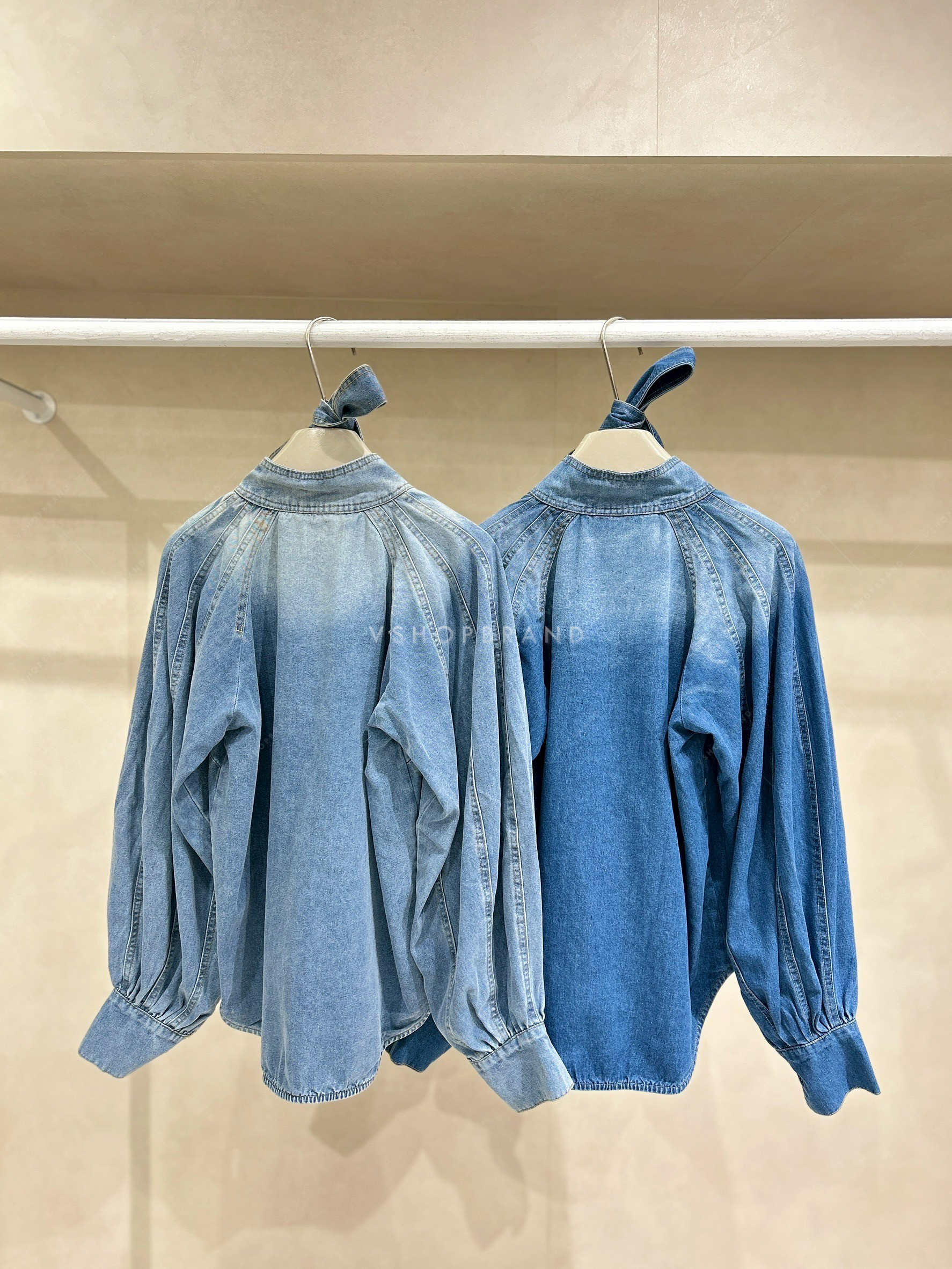 เสื้อเชิ๊ตยีนส์คอปีน แขนพอง เส้นแขน + เชือก