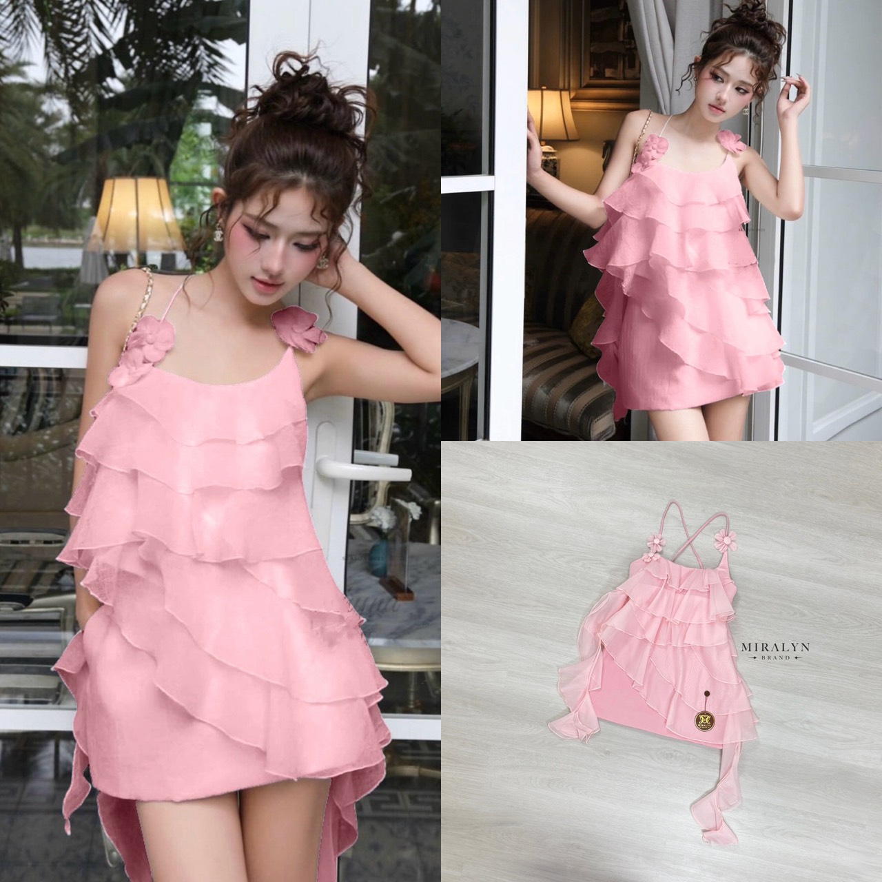 มินิเดรสสายเดี่ยวสีชมพูสายแต่งดอกไม้เย็บติดด้านหลังเป็นสายไขว้ผ้าพริ้วสวยแต่งดีเทลระบายเป็นชั้นๆสวยน่ารักมากงานอกมีฟองน้ำเสริมตัวเดรสเป็นงานผ้ามีน้ำหนักพร้อมซับในและซิปข้าง