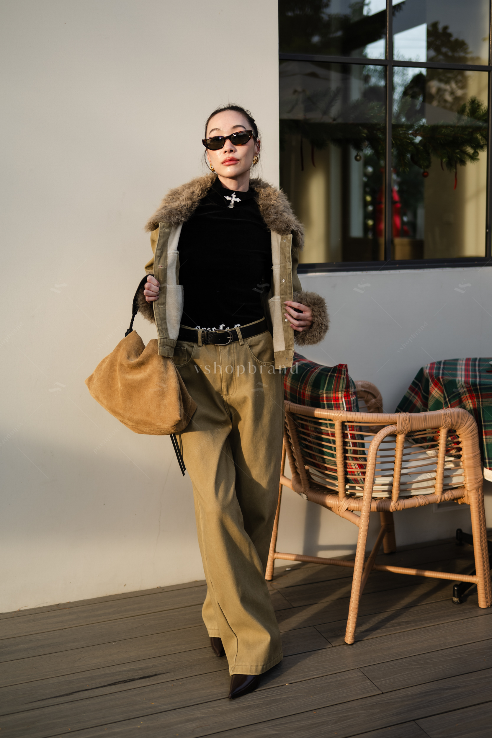 Set เสื้อยีนส์แขนยาวกระเป๋าอกคู่ปกเฟอร์ + กางเกงขายาว