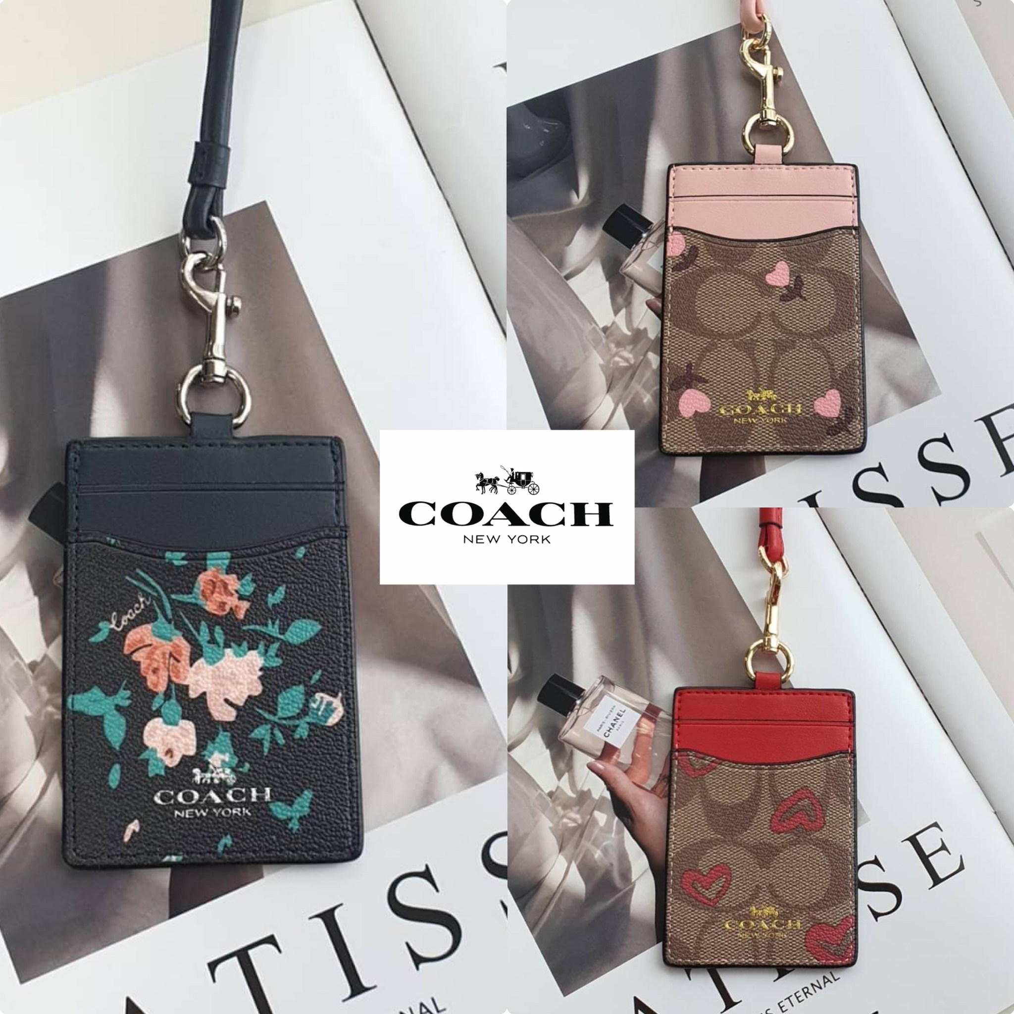 กระเป๋าใส่บัตรพนักงานห้อยคอแบรนด์เนมโค้ชหนังแท้หนังแคนวาสสีน้ำตาลลายcสีดำลายดอกไม้ลายหัวใจชมพูไฮโซเก๋ๆ