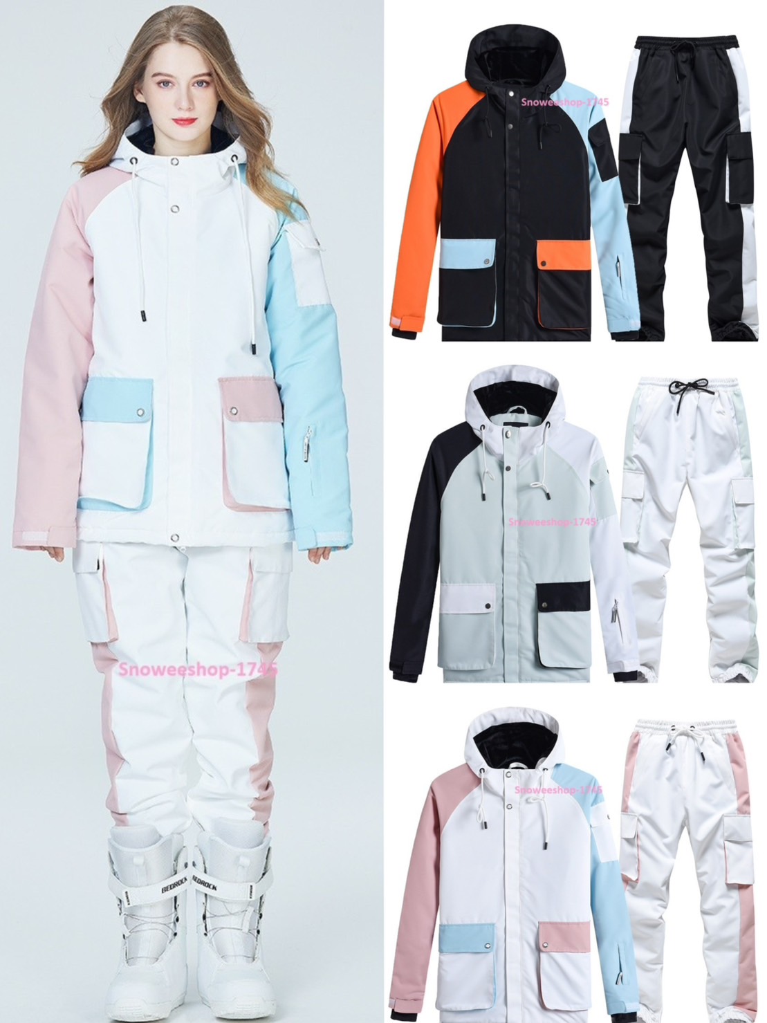 Ski Suit ชุดสกีสองชิ้น ชุดสโนว์บอร์ด เสื้อและกางเกงเหมาะสำหรับใส่กันหนาว ใส่เล่นสกี อากาศหนาวจัด ใส่ได้ทั้งผู้ชายและผู้หญิงทรงโอเวอร์ไซ ฟังก์ชั่นครบกันหนาว -40 ผ้ากันน้ำ กันลม กันหิมะ มี 3 สี