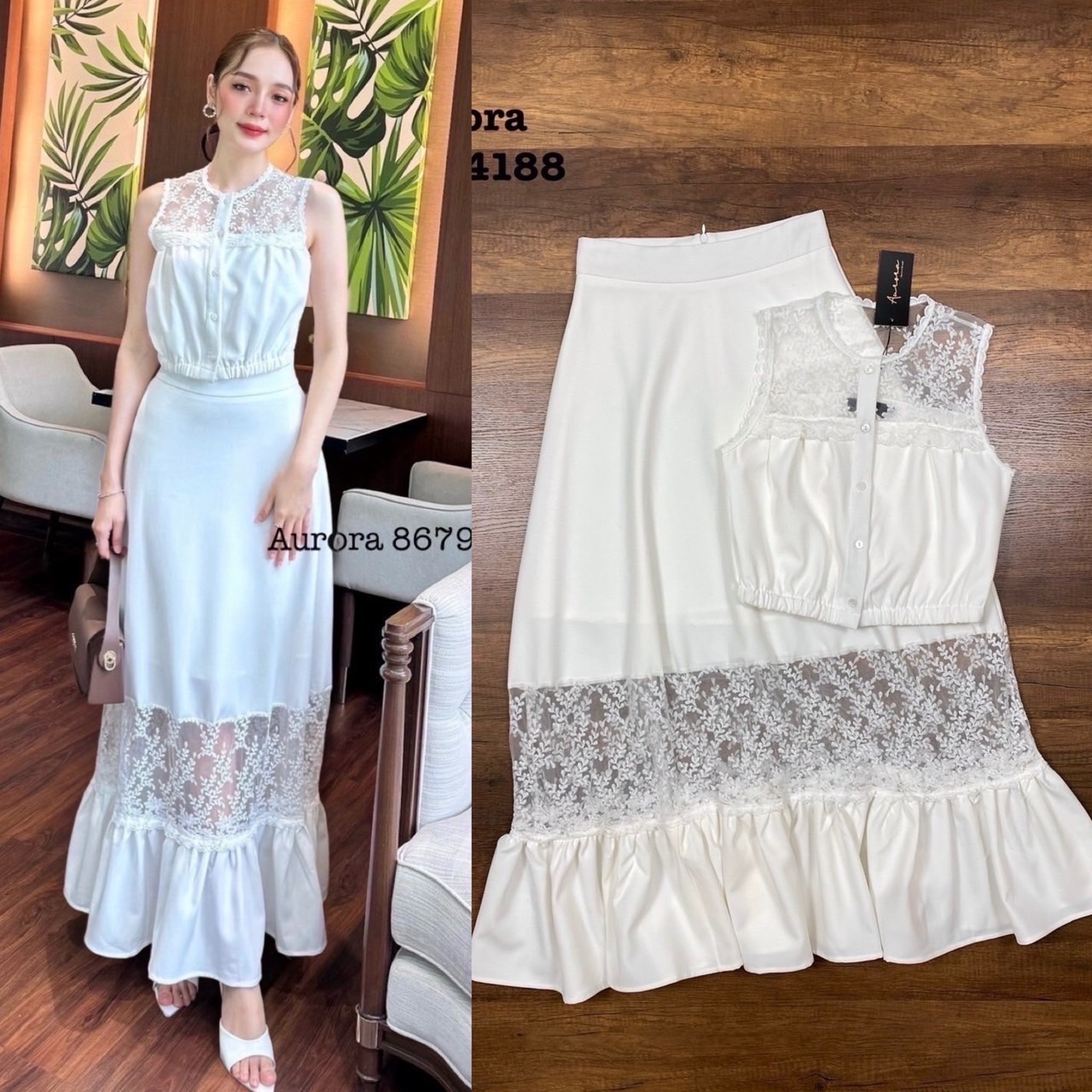 Label :: AURORA by RAMI-PAPHA Setเสื้อโทนสีขาว งานผ้าดี๊ดี ผ้าดีมาก ทรงปล่อยๆ ใส่สบายๆ ด้านบนแต่งซีทรูลูกไม้ ด้านหน้ามีกระดุมใช้งานได้จริง ช่วงเอวเสื้อแต่งสม๊อคยืดหยุ่นได้ตามลำตัว +++ มาพร้อมกระโปรงยาว เนื้อผ้าแต่งสลับผ้าลูกไม้เนื้อดีฝุดๆ ที่แมชกันได้อย่า
