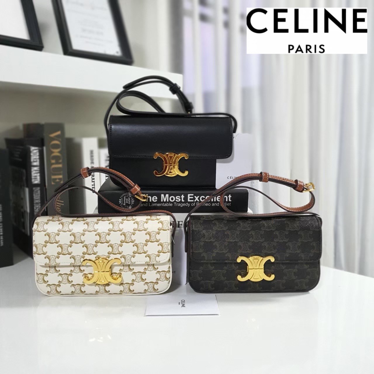 กระเป๋าสะพายเรียบหรูดูแพงแบรนด์เนมซีลีนสีขาวครีม สีน้ำตาลดำ CELINE TRIOMPHE SHOULDER BAG VIP GIFT WITH PURCHASE-GWP พรีเมี่ยมกิ๊ฟ