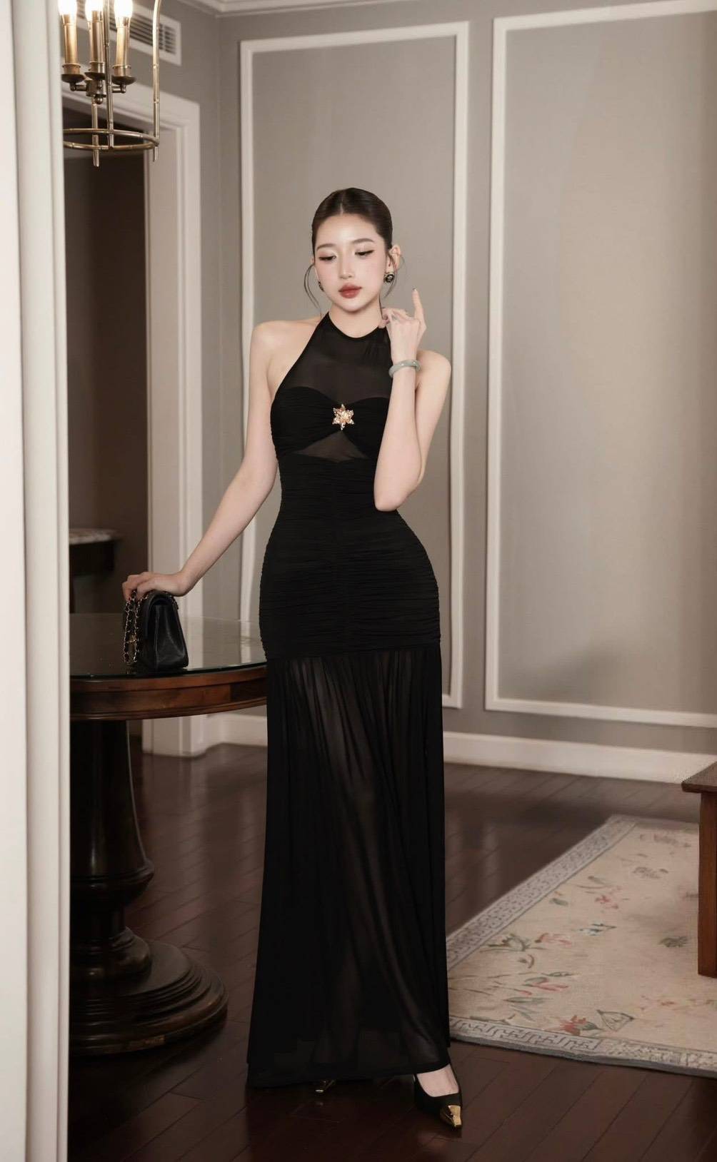 Made by Vietnam Tag copy chouchou เดรสยาวเข้ารูป คล้องคอ จับจีบด้านข้างทิ้งสะโพก กรุยกรายย งานเรียบหรู มีคลาสของจริง ใส่แล้วเน้นหุ่น ผ้าดีมากใช้ผ้าเยอะ คัตติ้ง1:1 มาพร้อมอะไหล่ถอดได้