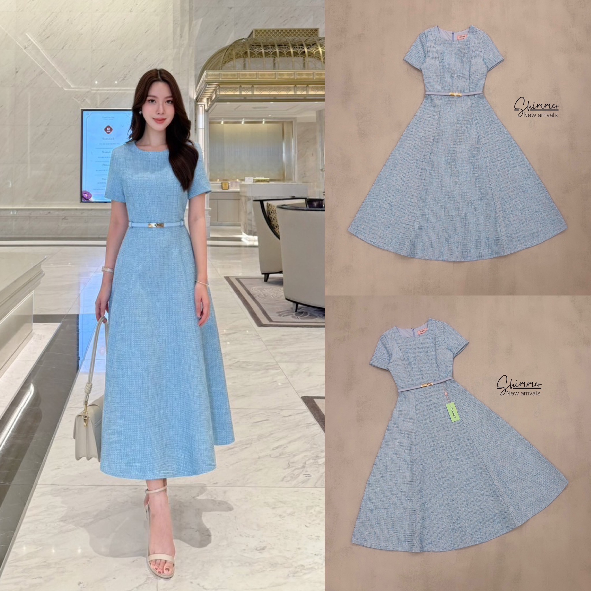 มิดิเดรสคอกลมแขนสั้นเนื้อผ้าทวีดทอลายสวยคลาสสิค งานมีซับในซิปหลัง แพทเทิร์นเข้ารูป เนื้อผ้ามีน้ำหนักทิ้งตัว มาพร้อมเข็มขัดปรับขนาดได้ตามไซซ์ จัดเป็นเดรสรุ่นฮอตที่แนะนำเลยค่า