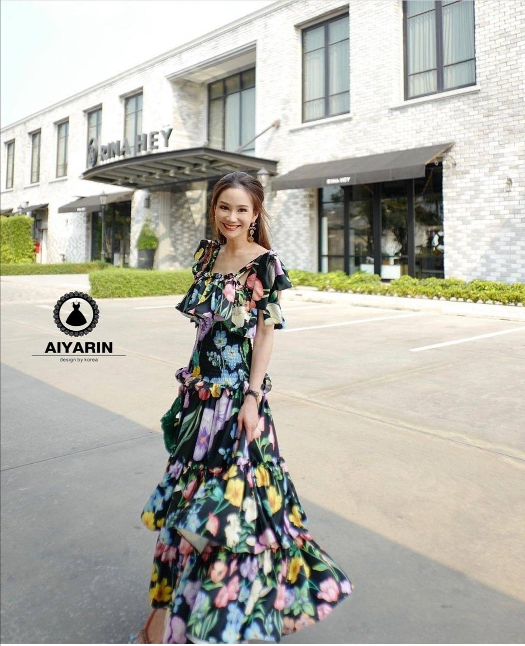 เดรส งานป้าย Aiyarin ลายดอกไฮโซเก๋ๆ งานป้าย สายเดี่ยวผูกสีดำมัลติคัลเลร์ Size XL