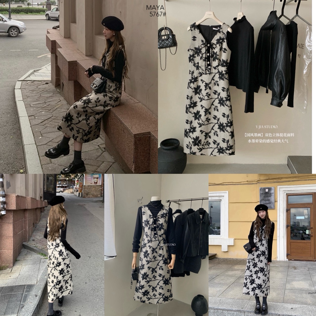 YA SHOP 5767# Set 2 pcs เสื้อแขนยาวคอปีน เนื้อผ้ายืดอย่างดี + เดรสคอวีลายดอก แขนกุด งานซิปหลัง เนื้อผ้าดี มีซับใน งานสวย