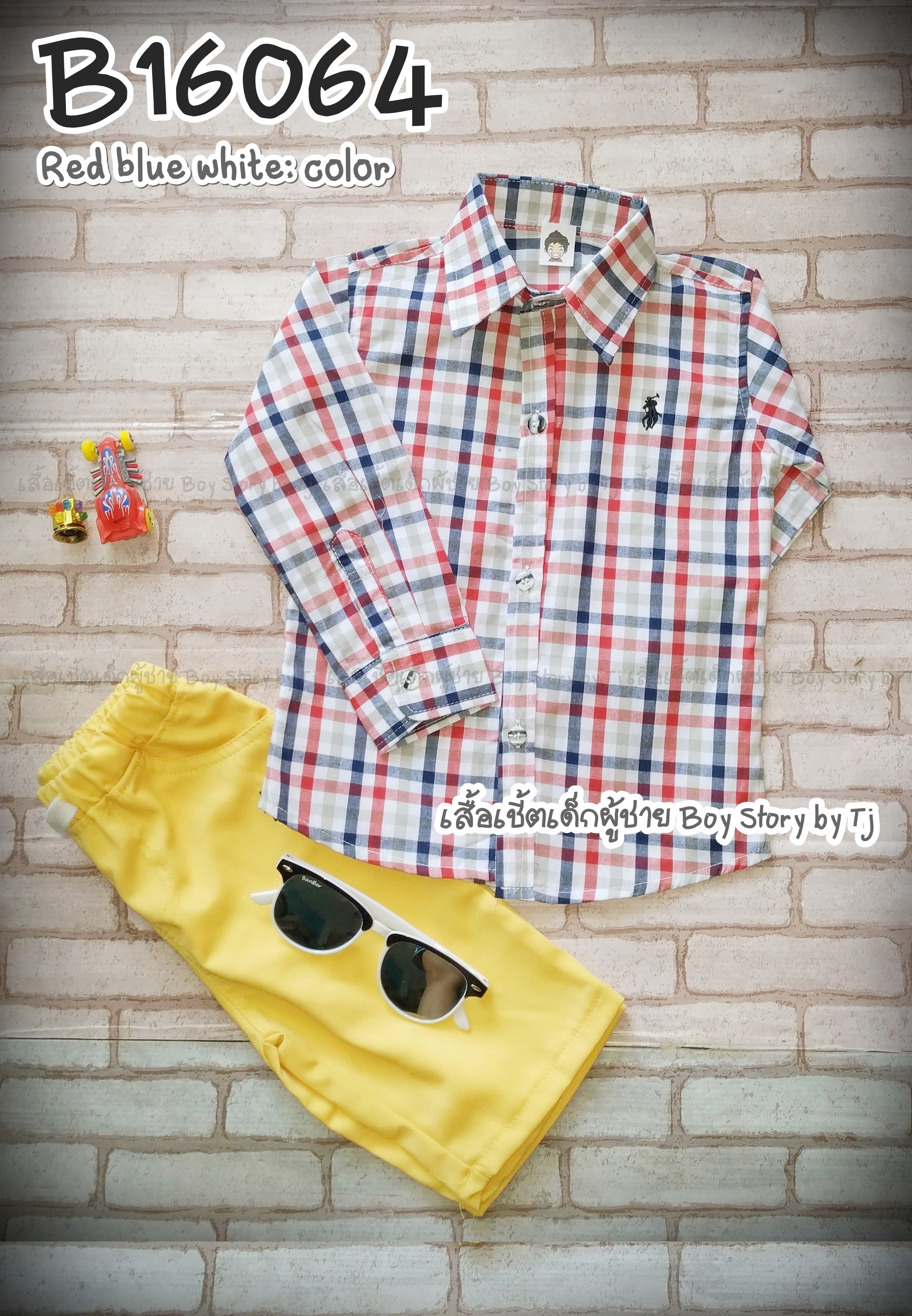 B16064 เสื้อเชิ้ตเด็ก แขนยาวลายสก็อตแดงน้ำเงินขาว