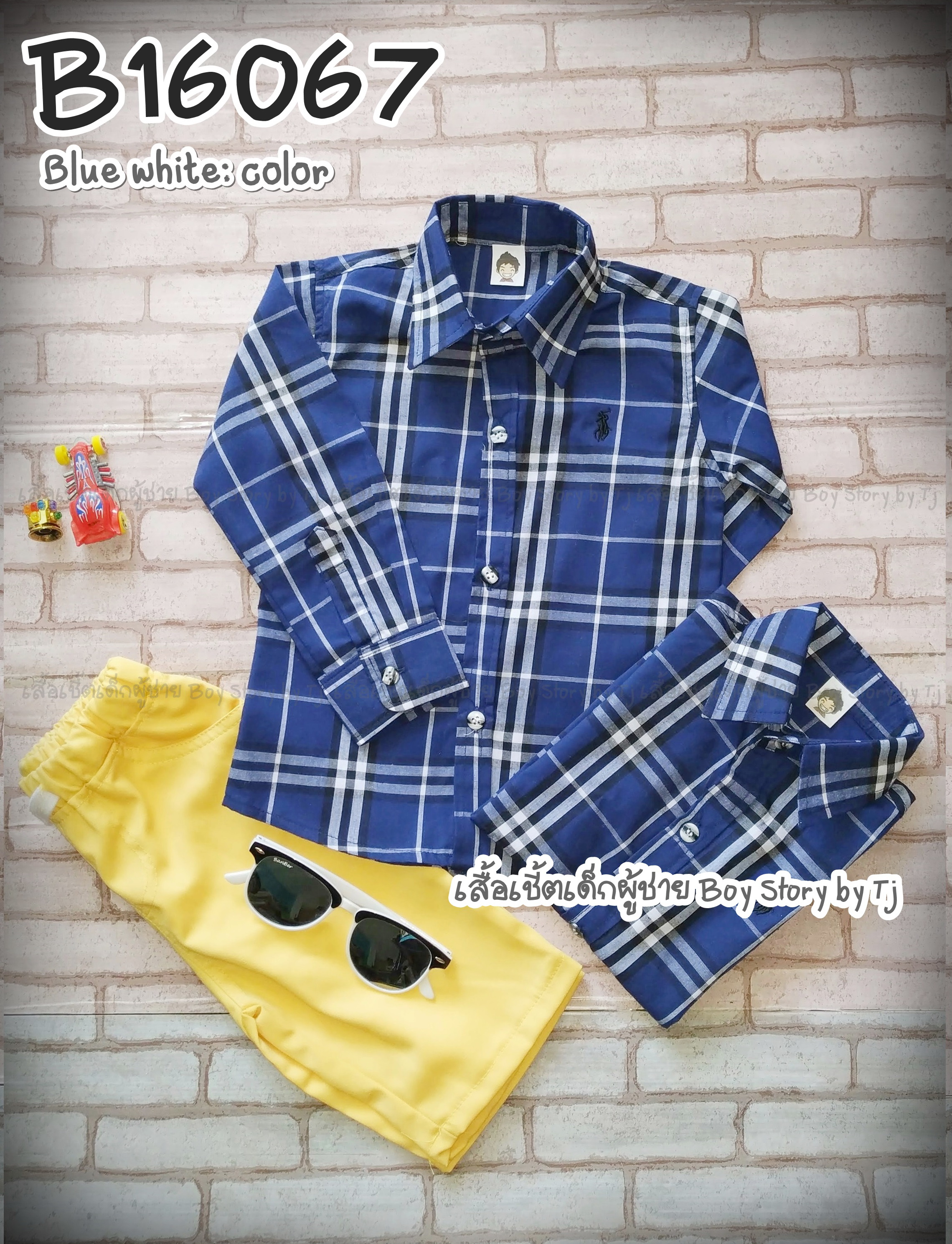 B16067 เสื้อเชิ้ตเด็ก แขนยาวลายสก็อตน้ำเงินขาว