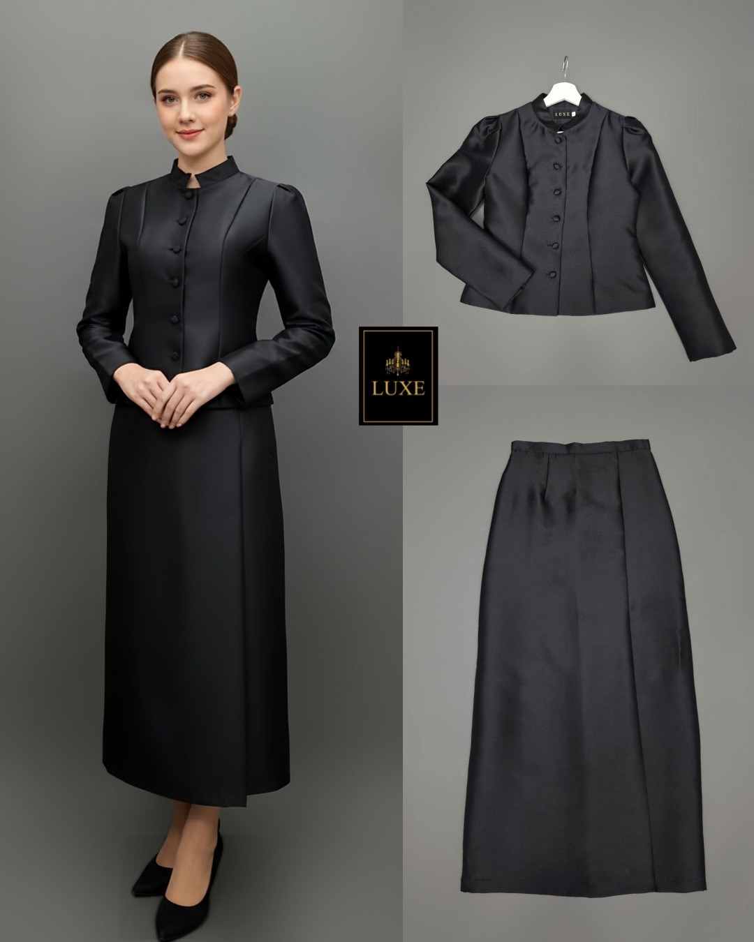 Elegant Black Chitralada Thai Attire Label : LUXE ☑️ เซ็ทเสื้อเข้ารูปผ่าหน้าแขนยาวทรงกระบอก จับคู่กระโปรงป้ายยาวทรงสอบ ☑️ ผ้าปารีส สีดำสนิทมันเงาเล็กน้อย ☑️ สวมใส่สบาย แพทเทิร์นเนี้ยบเข้ารูปกระชับ
