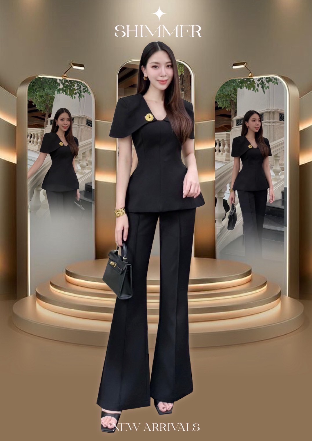 เสื้อคอวีดีไซน์แขนคลุมไหล่แพทเทิร์นสวยเข้ารูปแต่งด้วยเข็มกลัดโลหะทอง แมทช์คู่กับกางเกงขาม้าทรงสวย เนื้อผ้าโพลีเอสเตอร์มีน้ำหนักทิ้งตัวเก็บทรง ให้ลุคสวยหรูแก่ผู้สวมใส่