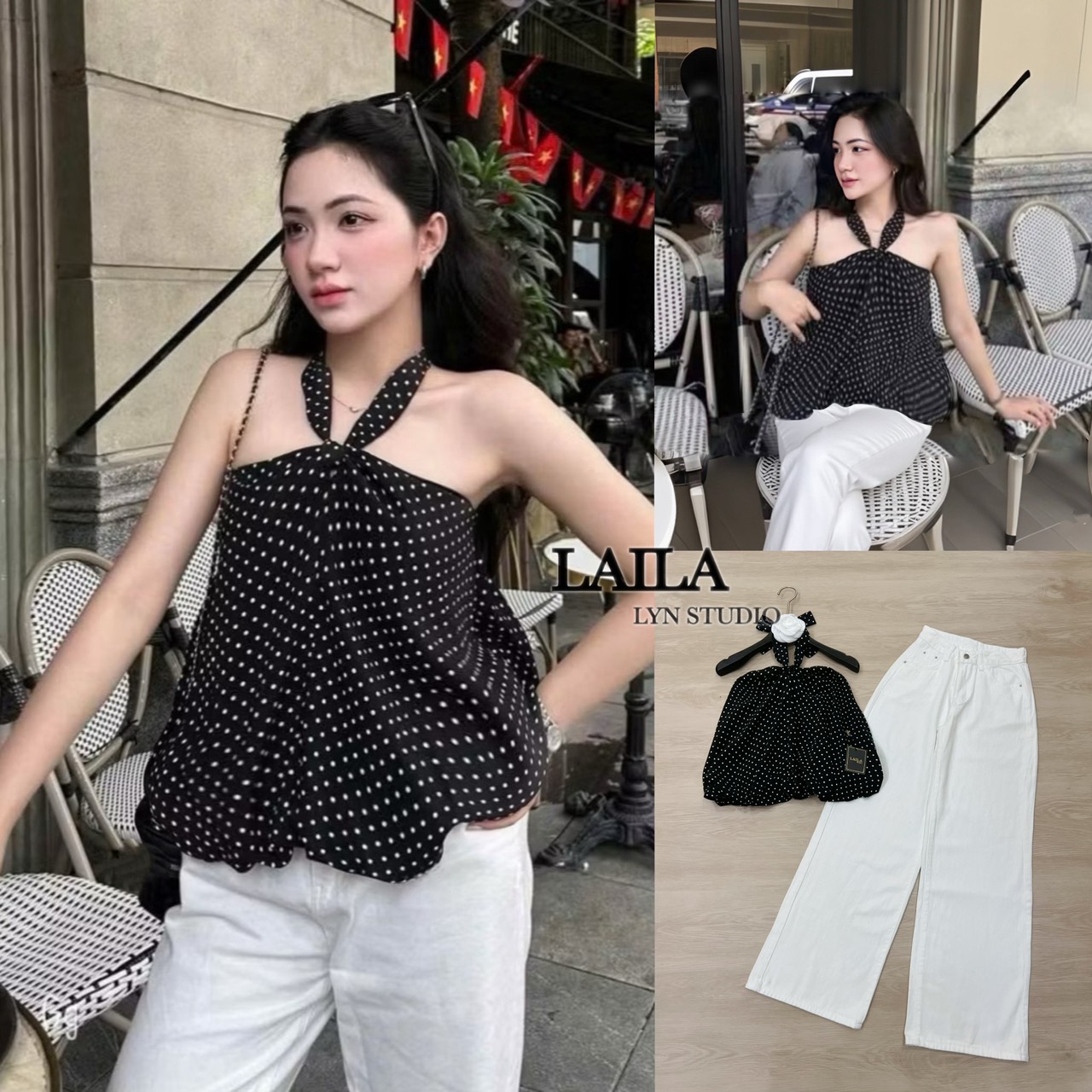 Tag : LAILA Detail: SET เสื้อ+กางเกง งานเสื้อทรงเกาะอกผูกคล้องคอดีไซน์งานแต่งจุดสุดฮิตน่ารักมาในโทนสีดำช่วงปลายเสื้อแต่งบอลลูนพองๆ ผ้าดีมีน้ำหนัก พร้อมกางเกงยีนส์สีขาวแต่งกระเป๋าทรงขากระบอกสวยเป๊ะ แมชลุคคุณหนูน่ารัก #byLaila #เสื้อคล้องคอ #เสื้อลายจุด #ลุ