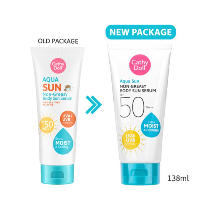 Cathy Doll AQUA SUN NON GREASY BODY SUN SERUM SPF50 PA+++ 138ml ครีมกันแดด เคที่ดอลล์ ทาแล้วแตกตัวเป็นเซรั่ม หลอดสีฟ้า