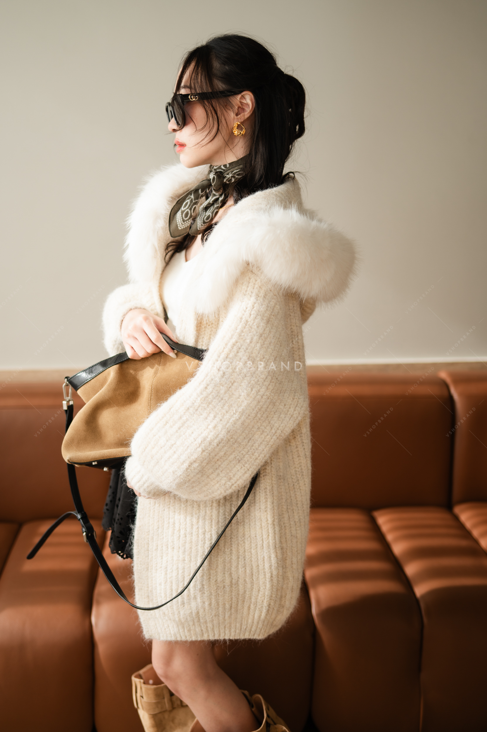 เสื้อคลุมแขนยาวฮู๊ด + ปกขนเฟอร์