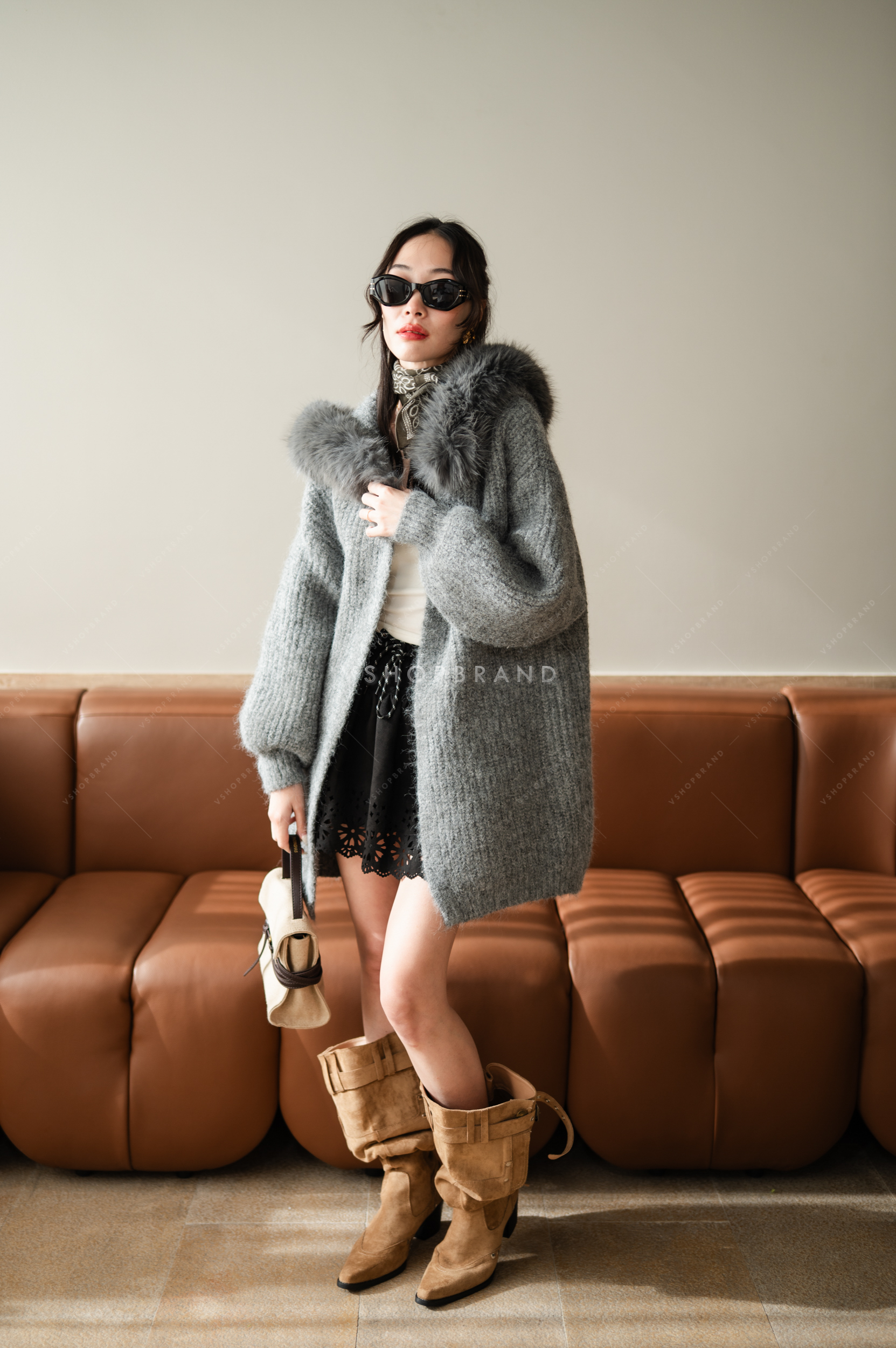 เสื้อคลุมแขนยาวฮู๊ด + ปกขนเฟอร์