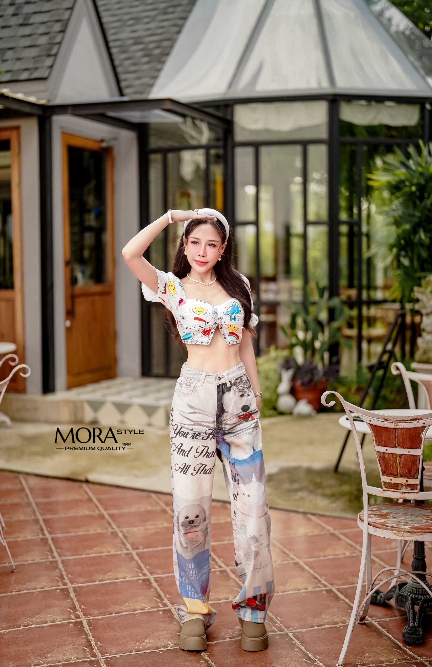 เซ็ต 2 ชิ้น เสื้อแขนจั้มตุ๊กตา หลังสม็อก ผ้าใส่สบาย ลายน่ารัก มาพร้อมกับกางเกงเอวสูงพิมพ์ลายแฟชั่น ทรงกระบอกงานพิมพ์ 3D ใส่แมทน่ารักมากค่าา