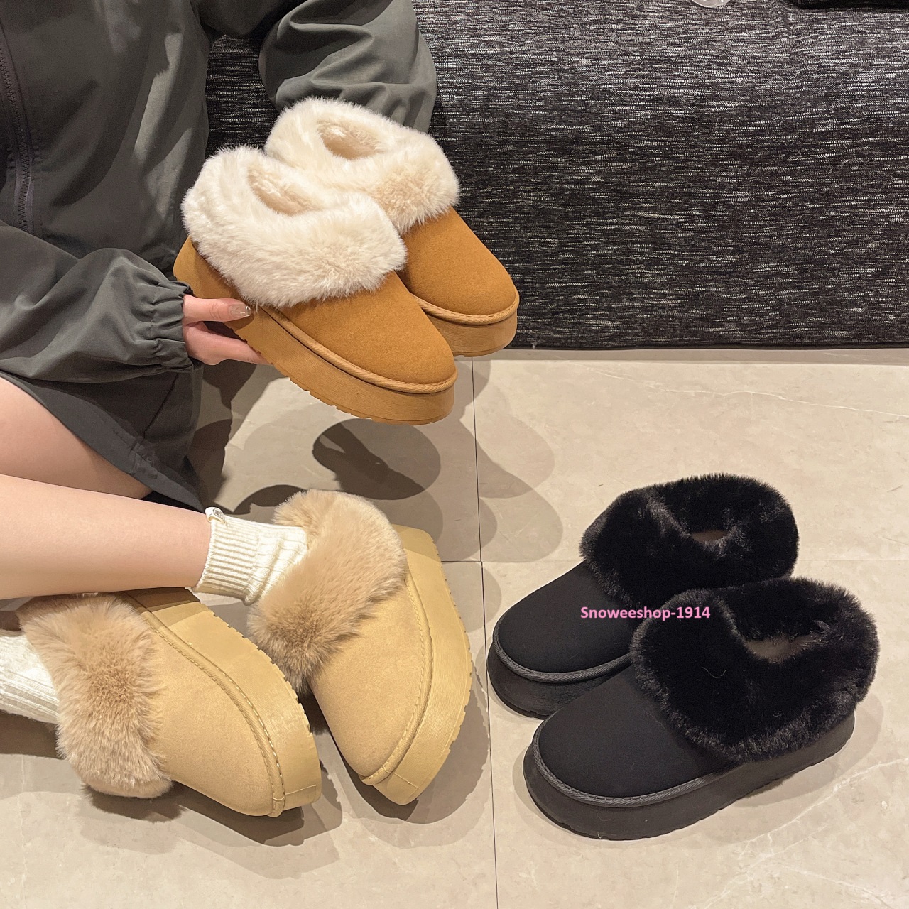 รองเท้ากันหนาวสำหรับผู้หญิงทรง Furry บุขนหนาด้านในพร้อมแต่งขอบขนเฟอร์ สวมใส่สบาย กันหนาว กันลม กันหิมะ พื้นออกแบบกันลื่นอย่างดี มี 3 สี ไซ 36 ถึง 43