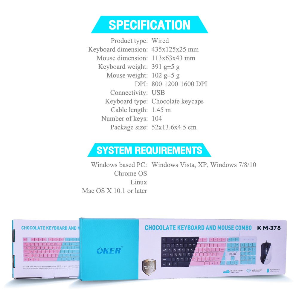 KM-378 OKER CHOCOLATE KEYBOARD +MOUSE USB KB-KM-OK-378XX