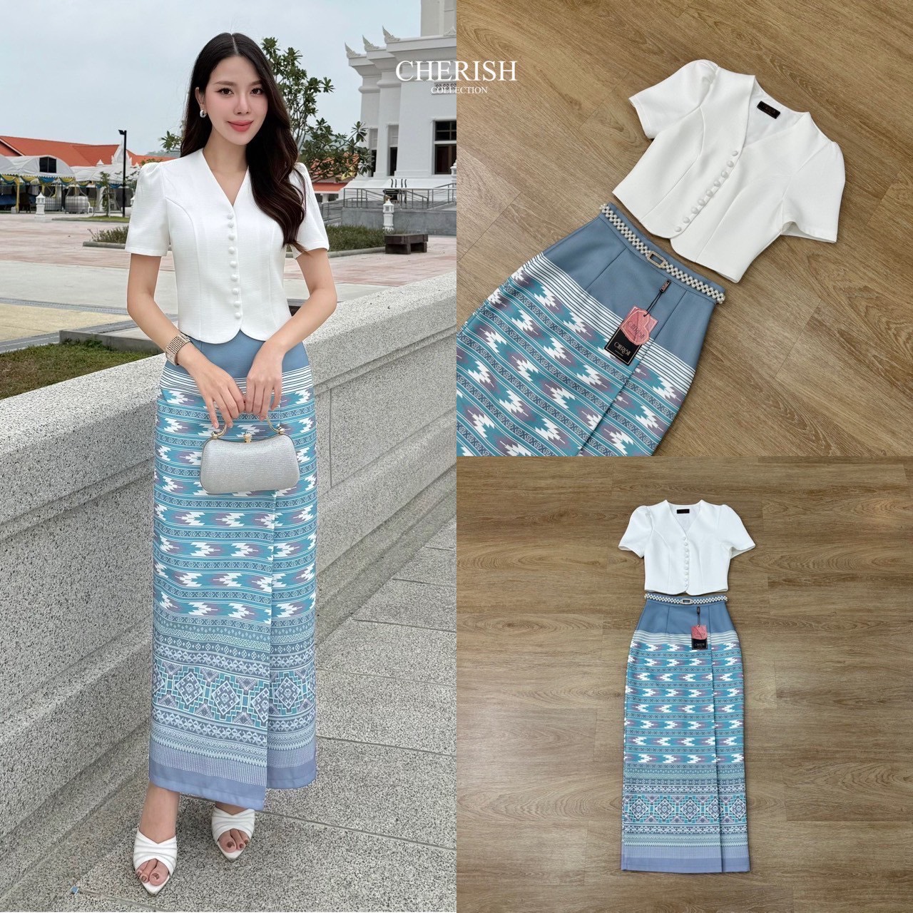 เซ็ท 3 ชิ้น ชุดไทย ชุดงานบุญ สีใหม่ไม่ซ้ำใครแน่นอน ตัวเสื้อคอวีตกแต่งกระดุม ส่วนตัวผ้าถุงเป็นผ้าถุงสำเร็จรูปตกแต่งลายไทยจับจีบหน้าผ่าหลัง ลายใหม่ของร้านซึ่งเก๋ละโดดเด่นมากๆ แถมเข็มขัดมุก