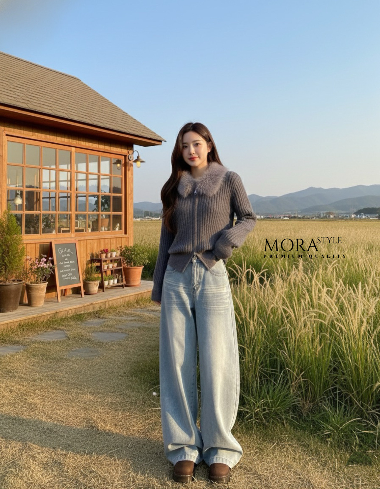 เซ็ท 2 ชิ้น เสื้อไหมพรมแขนยาวผ้ายืดหยุ่นใส่สบายแต่งขนเฟอร์ช่วงคอ มีซิปรูดด้านหน้า งานน่ารักมาก มาพร้อมกับกางเกงยีนส์เอวสูงขายาว ทรง บาเรล แต่งฟอกสียีนส์อ่อน ผ้าหนา ใส่แมทช์เที่ยวชิลล์ๆรับลมหนาวนี้ได้เลยนะคะ