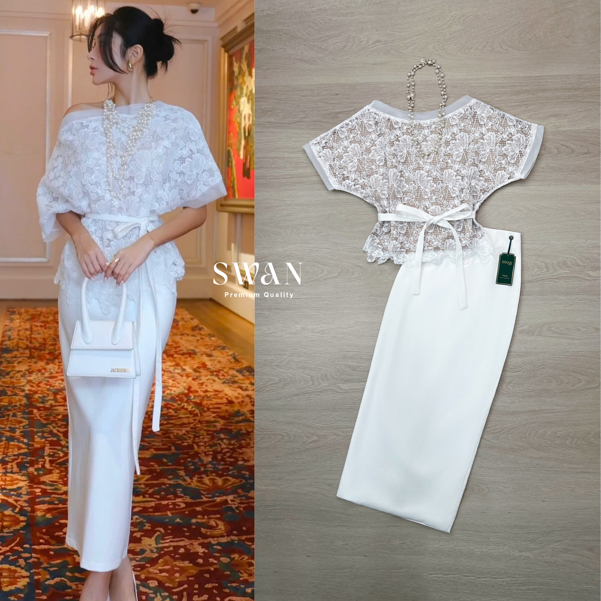 Set 4 ชิ้น เสื้อ+กระโปรง+สายผ้าพันเอว+สร้อยคอ เสื้อลูกไม้ลายดอกสีขาว ตัดต่อขอบแขนและคอด้วยผ้าออแกนซ่าเรียบหรู มาพร้อมเชือกผูกเอวช่วยเก็บทรงเพิ่มความหวาน ด้านนายซ้อนด้วยซับในสีเนื้อ แมทช์คู่กับกระโปรงทรงสอบเข้ารูป ผ้าพื้น เนื้อผ้าอย่างดี มาสร้อยคอเข้าเซทมา