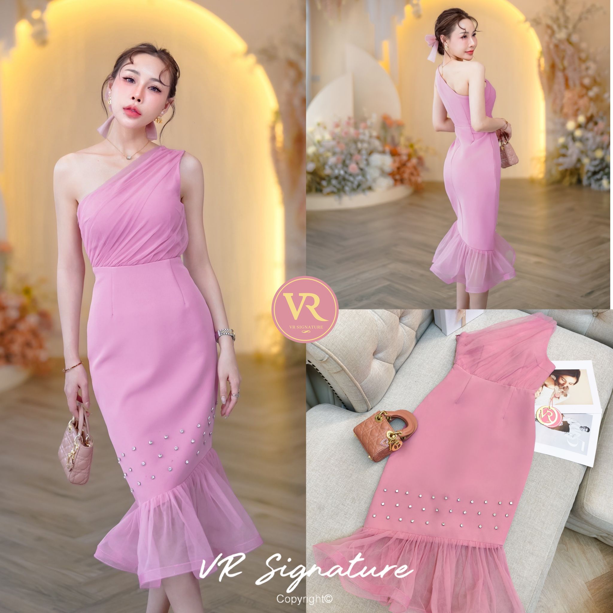 Dress ยาว ไหล่เฉียง แต่งผ้าชีฟองจับจีบซ้อนด้านหน้า พาดด้านหลังยาวสวย อกมีฟองน้ำจัดทรงให้ค่ะ เอวเข้ารูป กระโปรงยาวทรงสอบ ดีเทลปักเพชรชายกระโปรง ช่วงชายแต่งผ้ามุ้งระบายรอบชุดสวยมากค่ะ เนื้อผ้าหนา เป็นทรงสวย มีซับในทั้งชุด ต้องมีติดตู้นะคร่าาา... ใส่ออกมาแล้