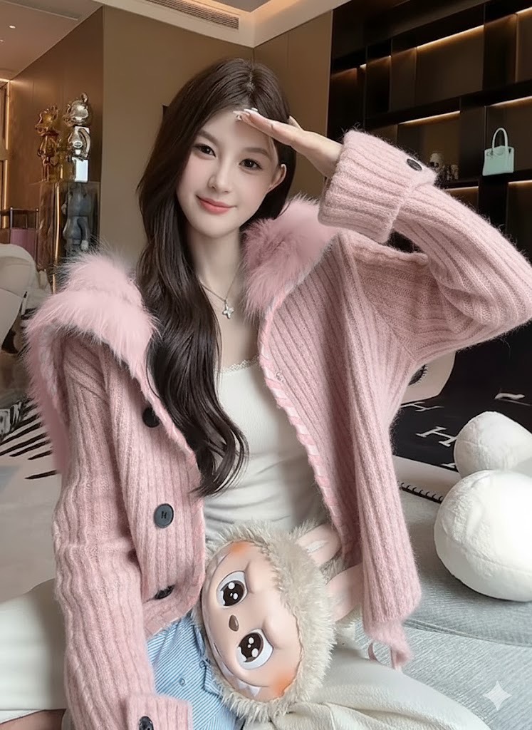 เสื้อคลุมทรงOversized น่ารักมากค่ะตัวนี้ ดีเทลตกแต่งริบบิ้น คอปกขนเฟอร์ งานสไตล์เกาหลี